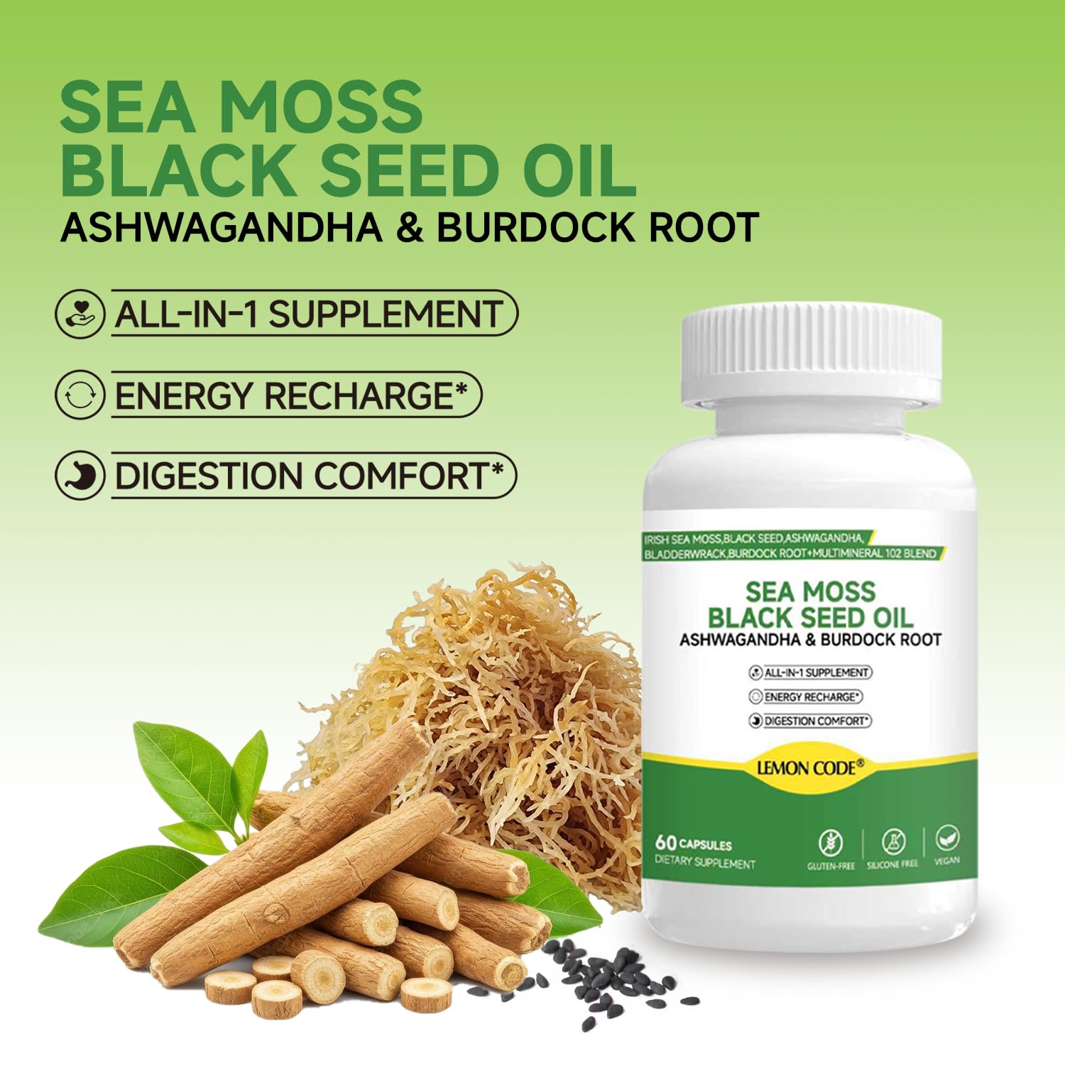 LEMON CODE Sea Moss & Black Seed Oil Capsules with Burdock & Bladderwrack & Ashwagandha, Vitamin C&D,Natural Herbal Complex for Daily Balance, Energy & Digestive Support, Vegan, Non-GMO, 60 Capsules LEMON CODE uk supplements