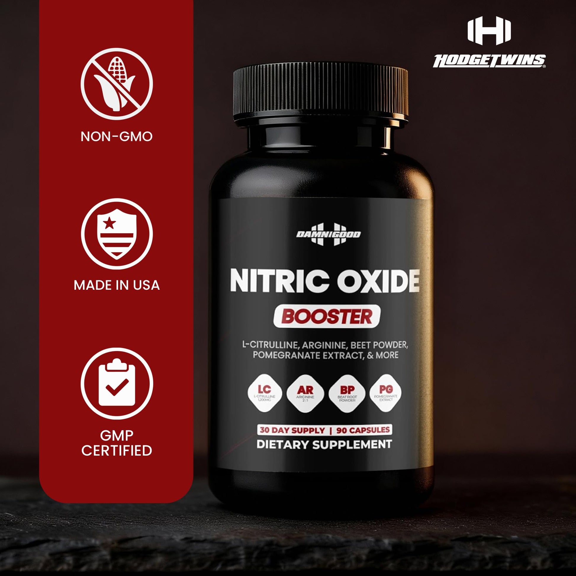 DAMN GOOD The Hodge Twins Nitric Oxide Booster – Beet Root Nitric Oxide & Arginine Citrulline Supplement, Pomegranate Blend for Workout Drive, Endurance Support & Pump Power - 90 Capsules DAMN GOOD uk supplements