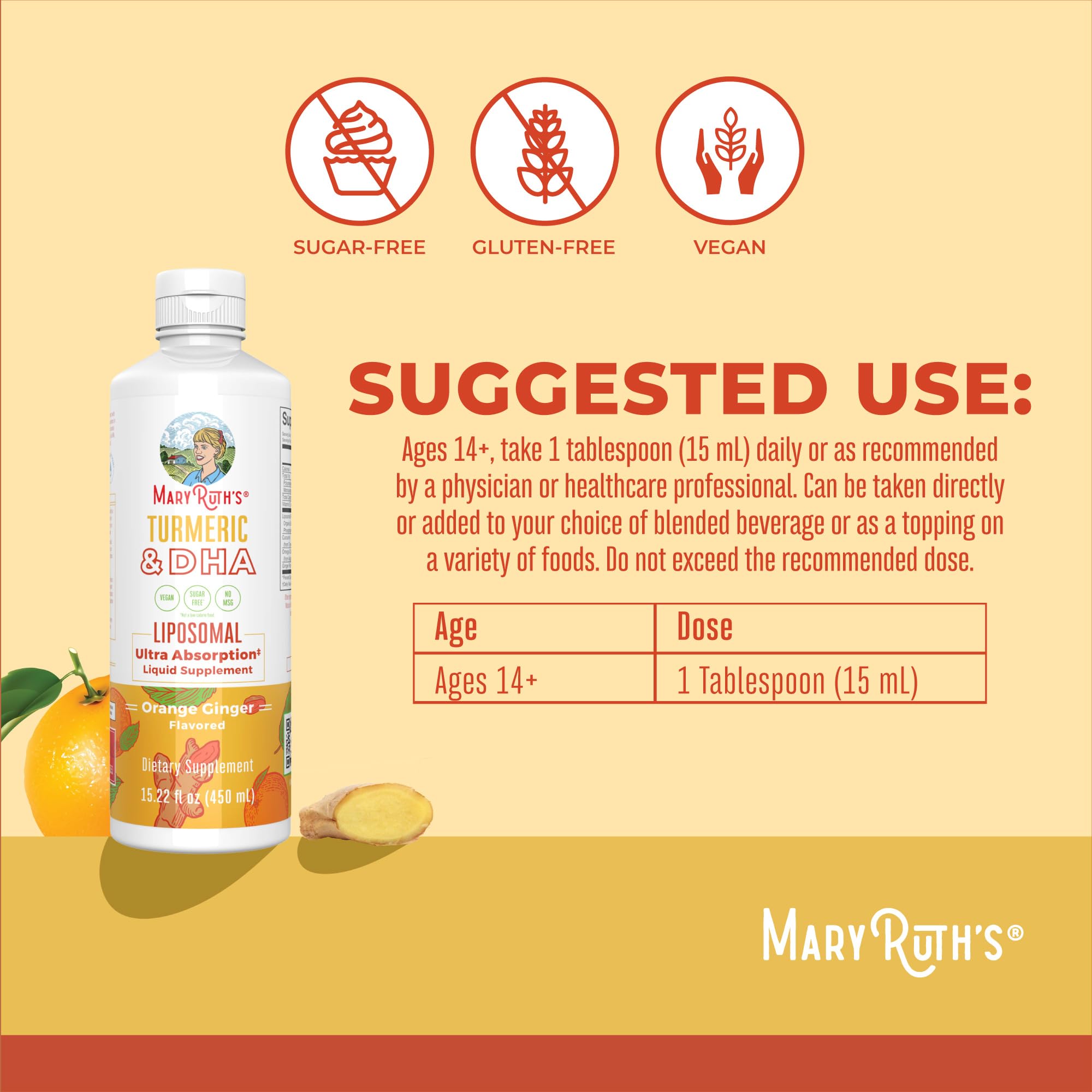 MaryRuth Organics | Liposomal Turmeric & DHA | Curcumin | Ginger Root Oil | Algal DHA & Vitamin E | Cognitive Function | Mood Support | Joint Health | Liquid Supplement | 15.22 oz MARYRUTH'S uk supplements
