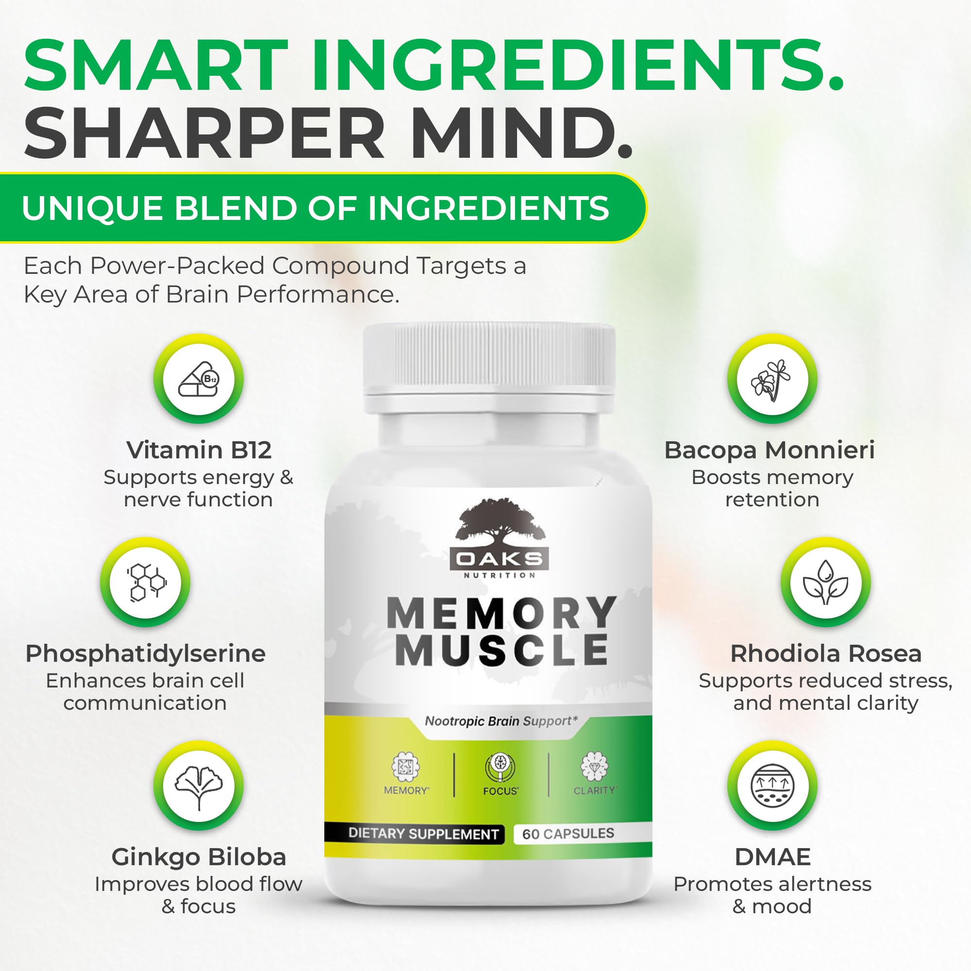 Memory Muscle – Advanced Nootropic Brain Supplement with Vitamin B12, Bacopa Monnieri & DMAE for Focus, Memory, Mental Clarity & Clean Energy – Premium Cognitive Support Formula Oaks Nutrition uk supplements