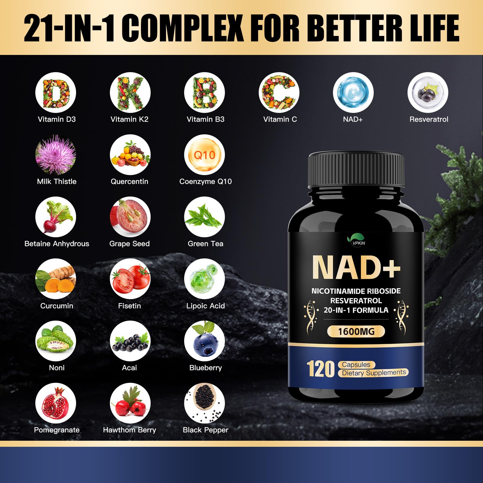 VPKIN NAD Supplement,1500mg NAD+ Supplement with Resveratrol,Nicotinamide,Quercetin,CoQ10,Support Energy & Repair, Vitality,Non-GMO, No Fillers(120 Capsules) VPKIN uk supplements
