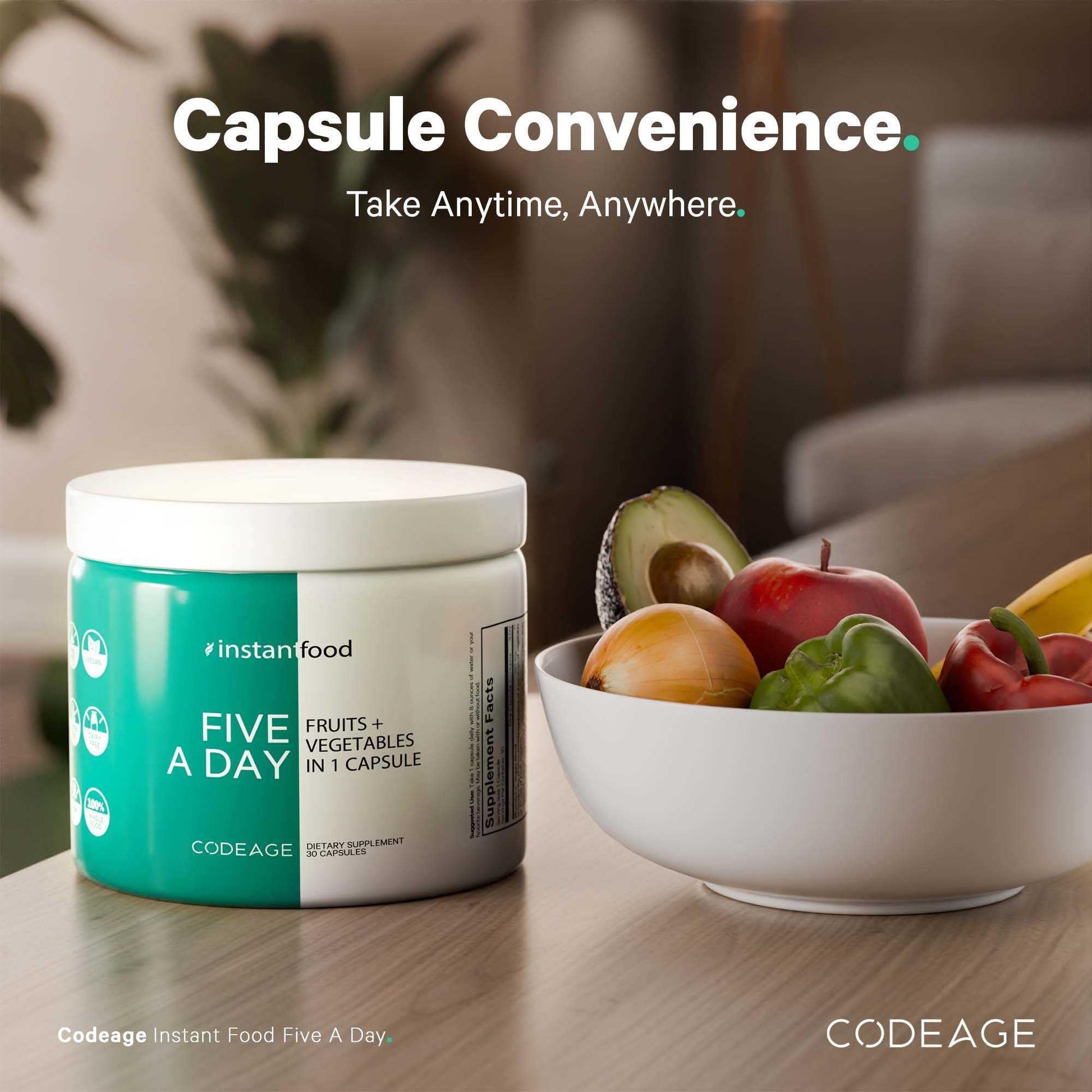 Codeage Instantfood Five A Day – Fruits & Vegetables Capsule Supplement – Whole Food Phytonutrients – 15 Fruits and Veggies Blend - Vegan, Non-GMO – 30 Capsules Codeage uk supplements