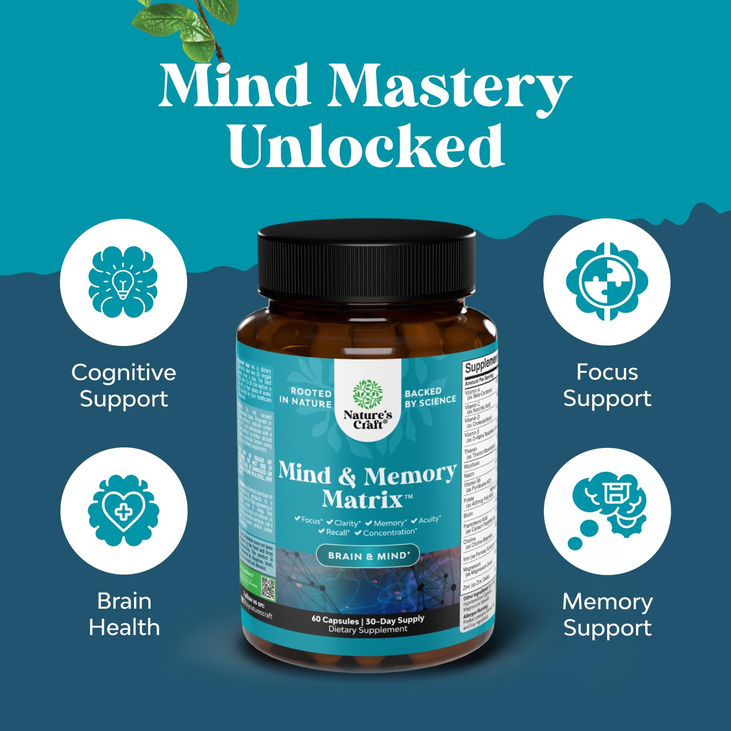 Nootropic Brain Supplement for Memory and Focus Enhancement - Vitamins for Mental Health & Clarity with VIT A, B6, Riboflavin, Niacin, Thiamin & Folate - Cognitive Complex for Mind Vitality - 60 Ct Natures Craft uk supplements