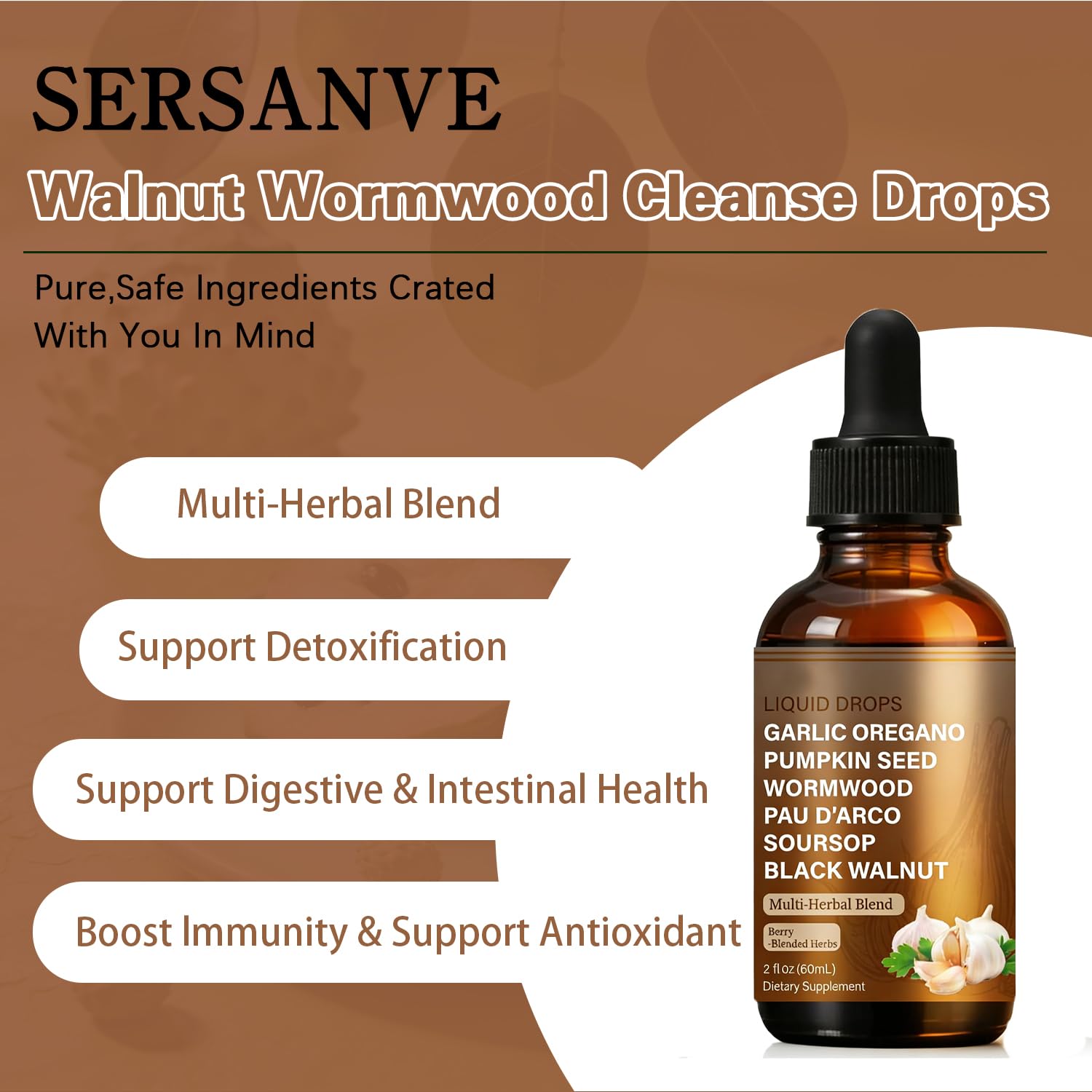 SERSANVE Natural Black Walnut Wormwood Gut Cleanse | Black Walnut Clove Drops with Pumpkin Seed, PAU D’Arco, Soursop, Garlic and Oregano | Vegan, Alcohol-Free Formula for Digestion Support, 2 fl oz SERSANVE uk supplements