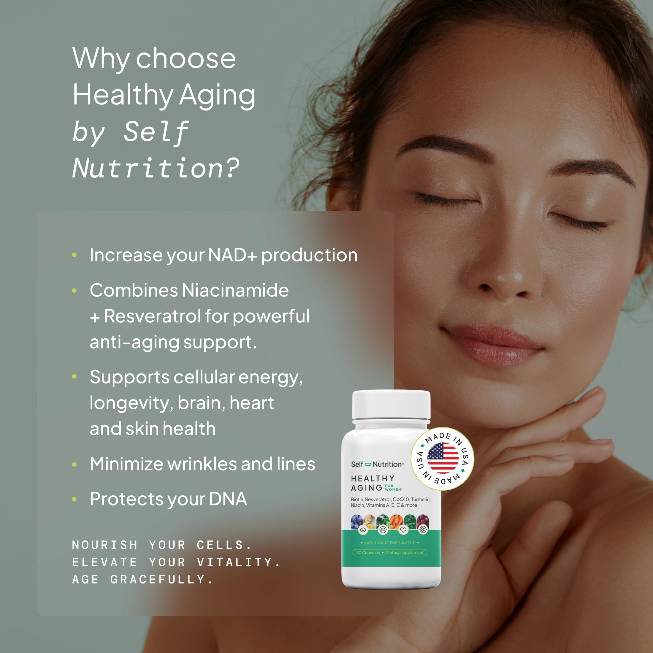 SELF NUTRITION NAD+ Resveratrol Supplement for Women – Healthy Aging Formula with CoQ10, Biotin, Turmeric & Vitamins A, C, E – Supports Energy, Skin & Longevity – 60 Capsules. Made in USA. SELF NUTRITION uk supplements