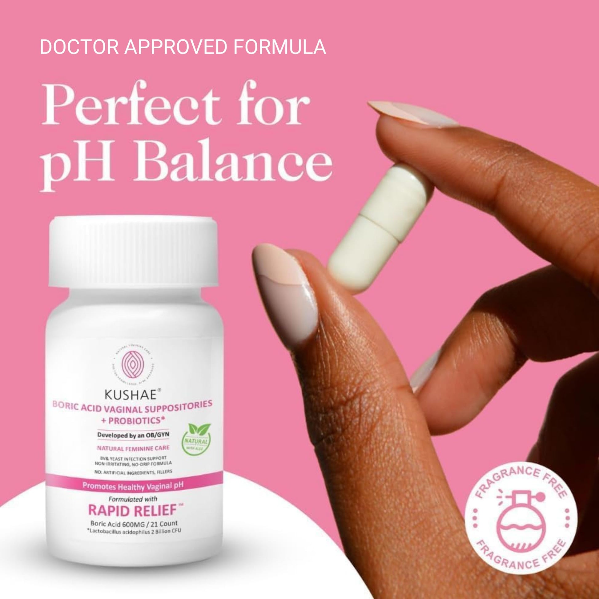 Kushae Boric Acid Suppositories + Rapid Relief, All Natural Female Suppositories with Probiotics & Aloe Vera, Relieves Discomfort & Balances pH Level Bottle Only 21 Capsules Kushae uk supplements