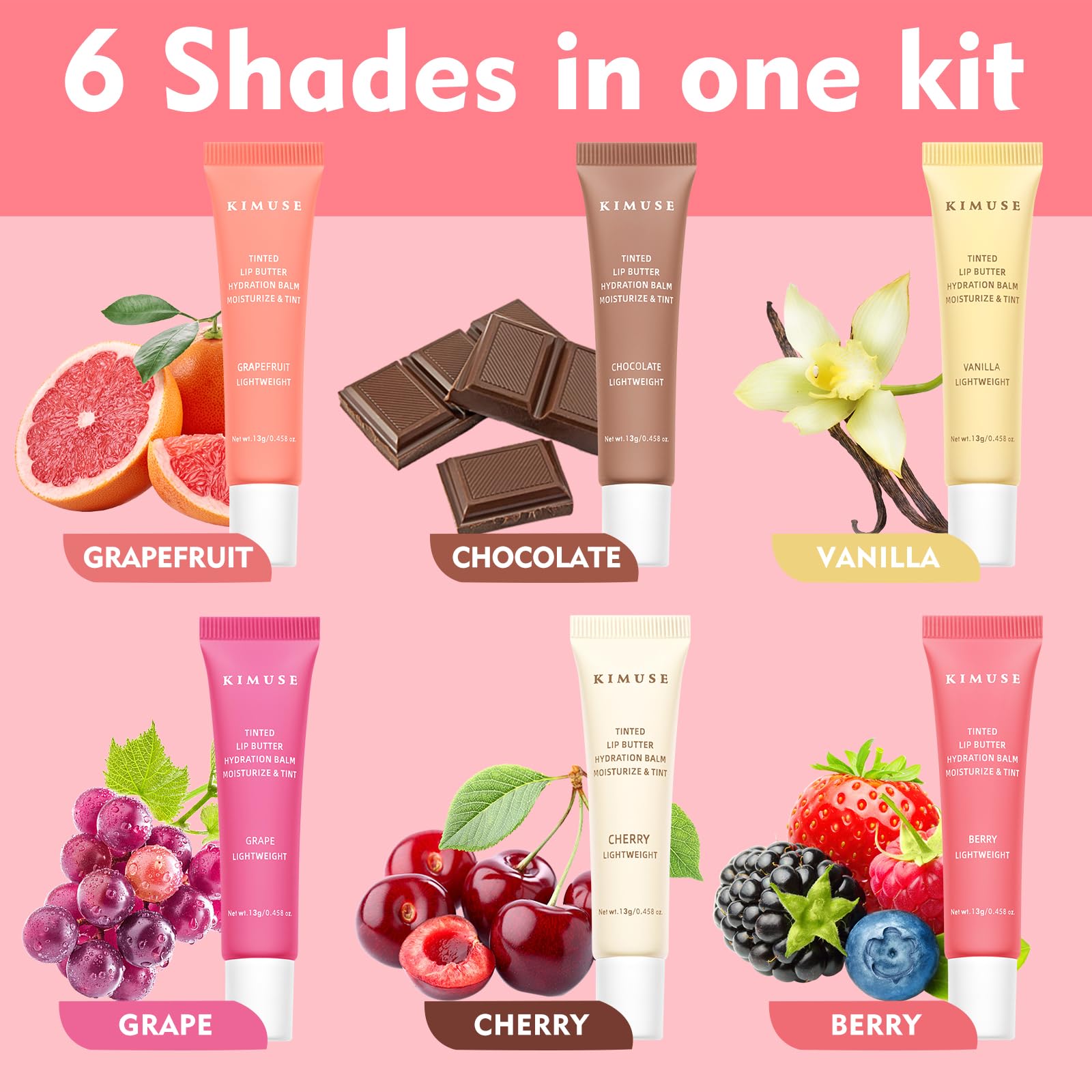 KIMUSE 6 Pcs Tinted Lip Butter Hydration Balm Set, 6 Flavored Shades Hydrating Plumping Gloss with Hyaluronic Acid & Vitamin E, Sheer Tint, Non-Sticky | Vegan Lip Care Makeup for Dry Lips & Daily KIMUSE uk supplements