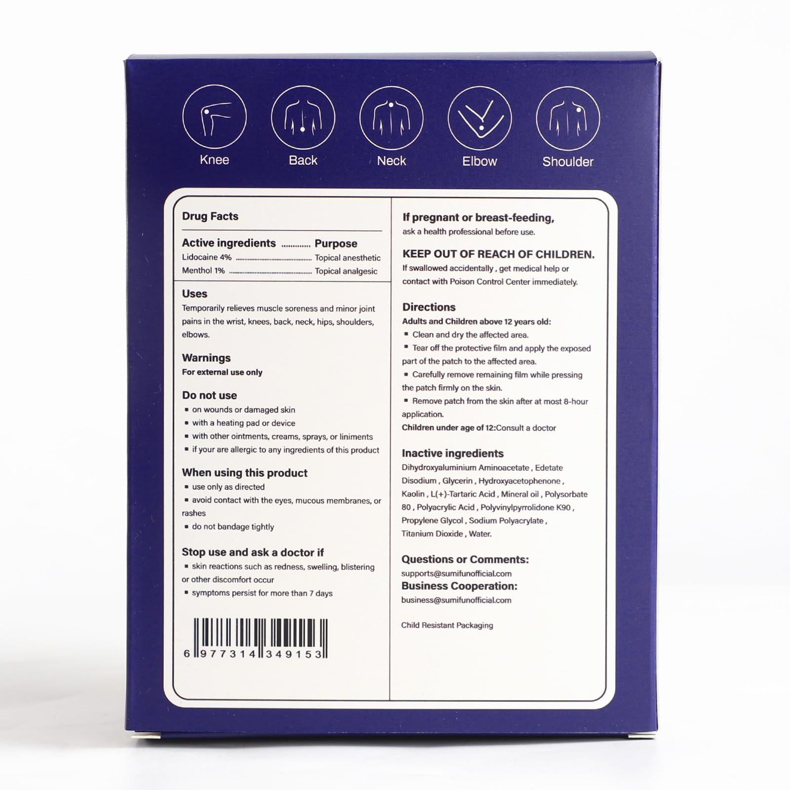Sumifun Lidocaine Pain Relief Patches - Fast, Targeted Therapy Simple Backache, Soreness, Sprain, Joint Pain with Maximum Strength 4% Lidocaine and 1% Menthol (Large, Count, 31) NDC 83602-172-31 Sumifun uk supplements