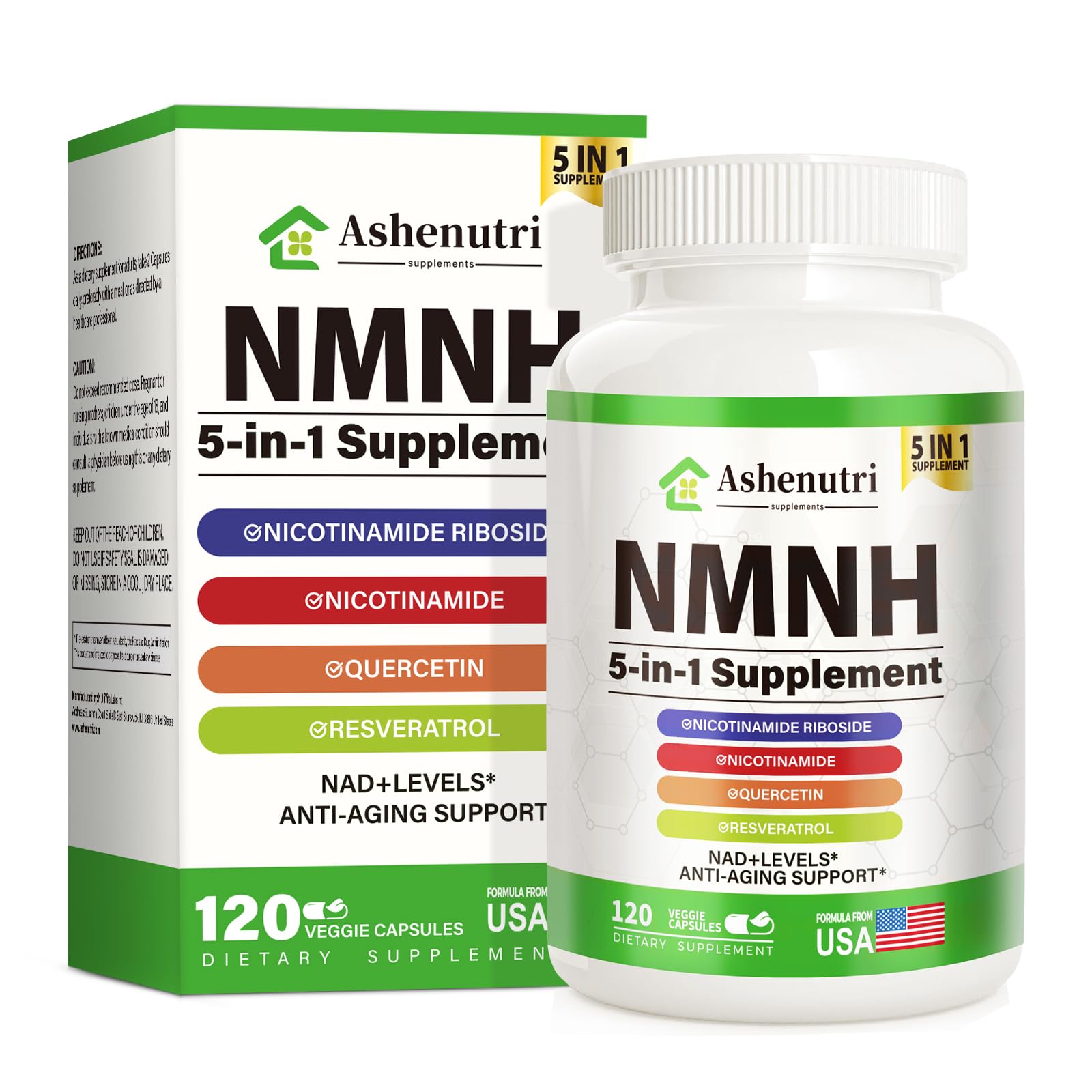 NMNH (Dihydronicotinamide Mononucleotide), NMN Alternative Supplement w/Niacinamide (Vitamin B3), Quercetin, Trans-Resveratrol, Support NAD+, Skin Cell Health*, Anti-Aging & Energy, 120 Caps Ashenutri uk supplements