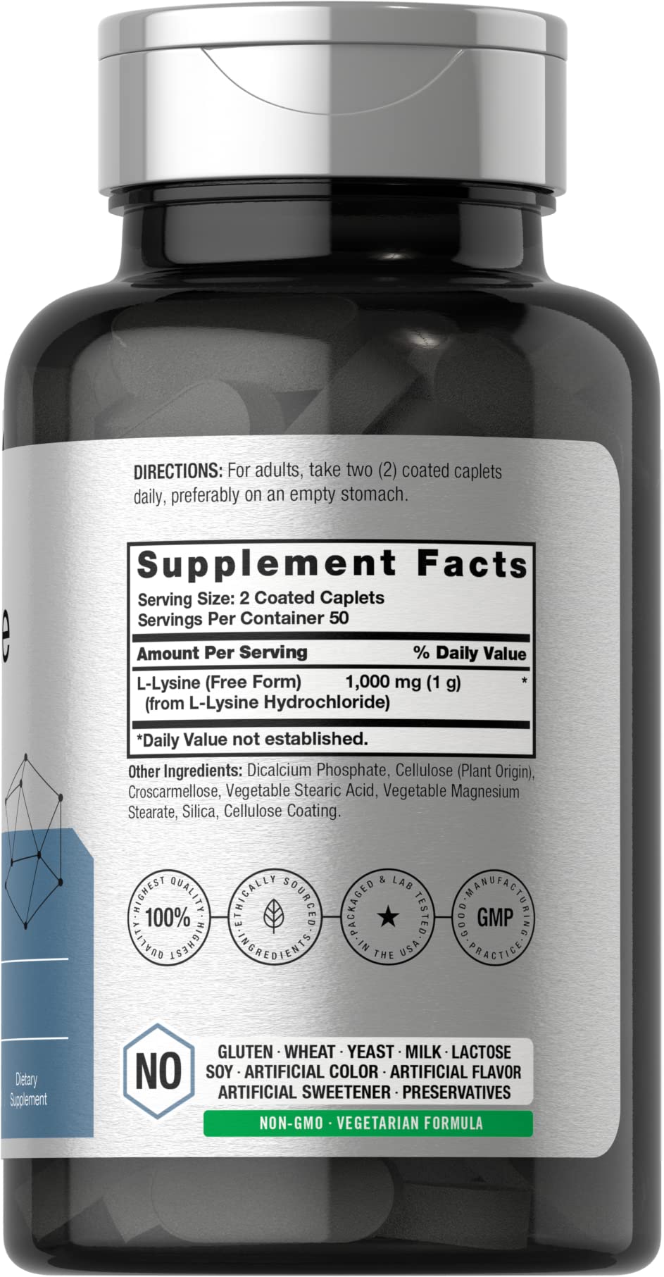 L-Lysine 1000mg | 100 Coated Caplets | Free Form Dietary Supplement | Vegetarian Horbäach uk supplements