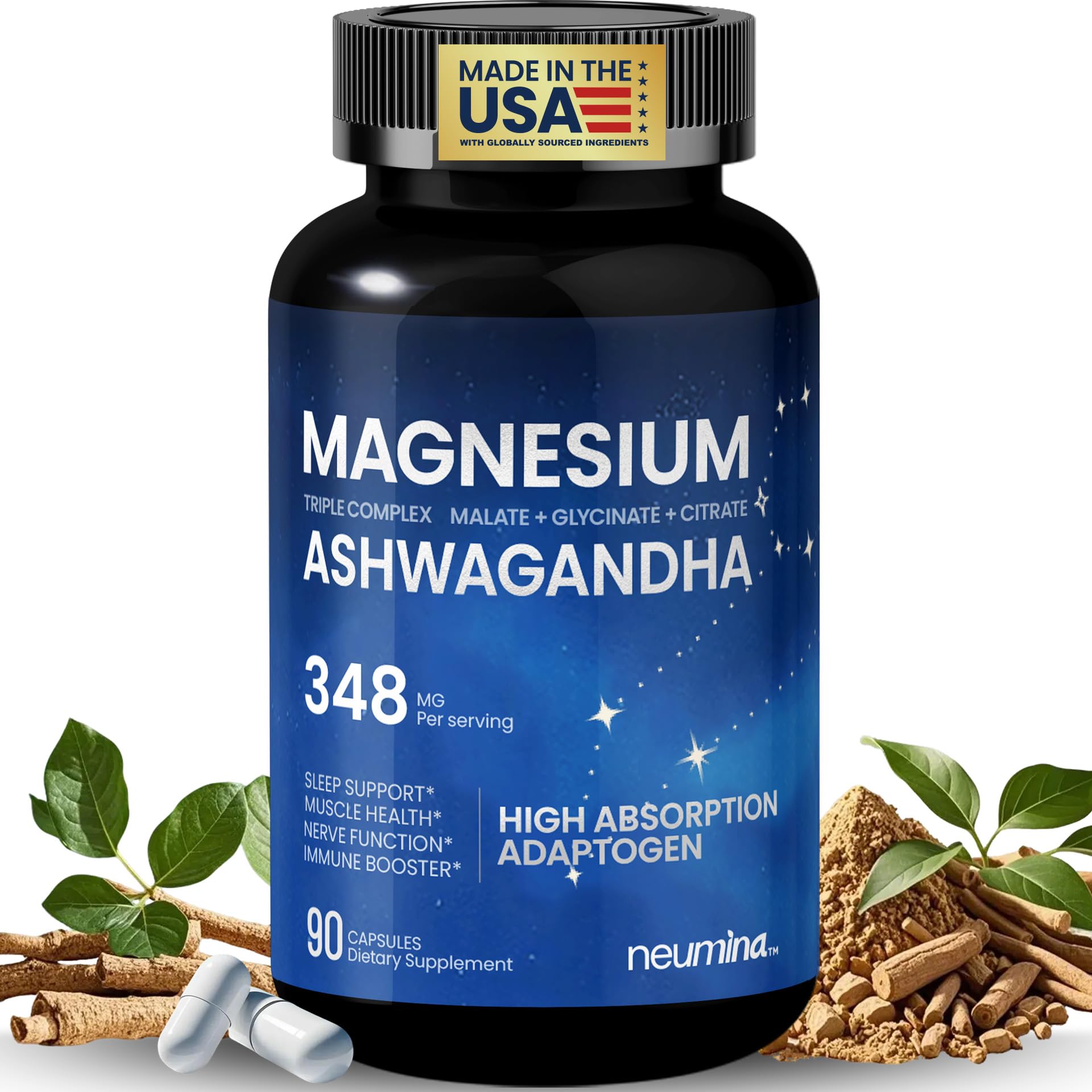 Magnesium Ashwagandha Complex | High-Absorption Multi Magnesium Supports Stress Relief, Sleep, Muscle & Heart Health | Vegan, Non-GMO, Gluten-Free, Made in USA, 90 Capsules((45-Day Supply) NEUMINA uk supplements