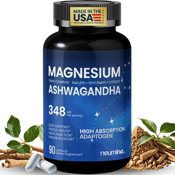 Magnesium Ashwagandha Complex | High-Absorption Multi Magnesium Supports Stress Relief, Sleep, Muscle & Heart Health | Vegan, Non-GMO, Gluten-Free, Made in USA, 90 Capsules((45-Day Supply) NEUMINA uk supplements