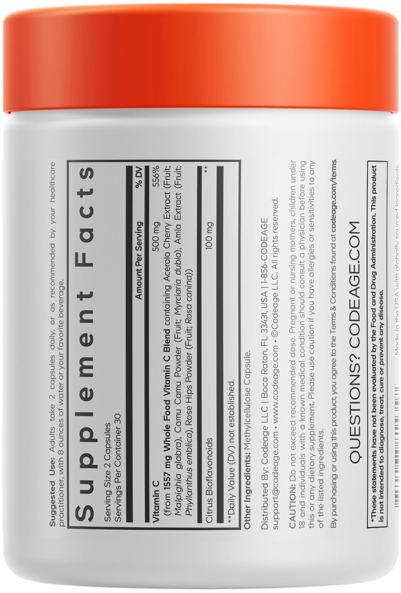 Codeage Whole Food Vitamin C Supplement - Acerola Cherry, Camu Camu, Amla Berry & Rose HIPS Blend - Citrus Bioflavonoids - Instantfood Energy Vitamins - 500mg Vitamin C Pills - Non-GMO - 60 Capsules Codeage uk supplements