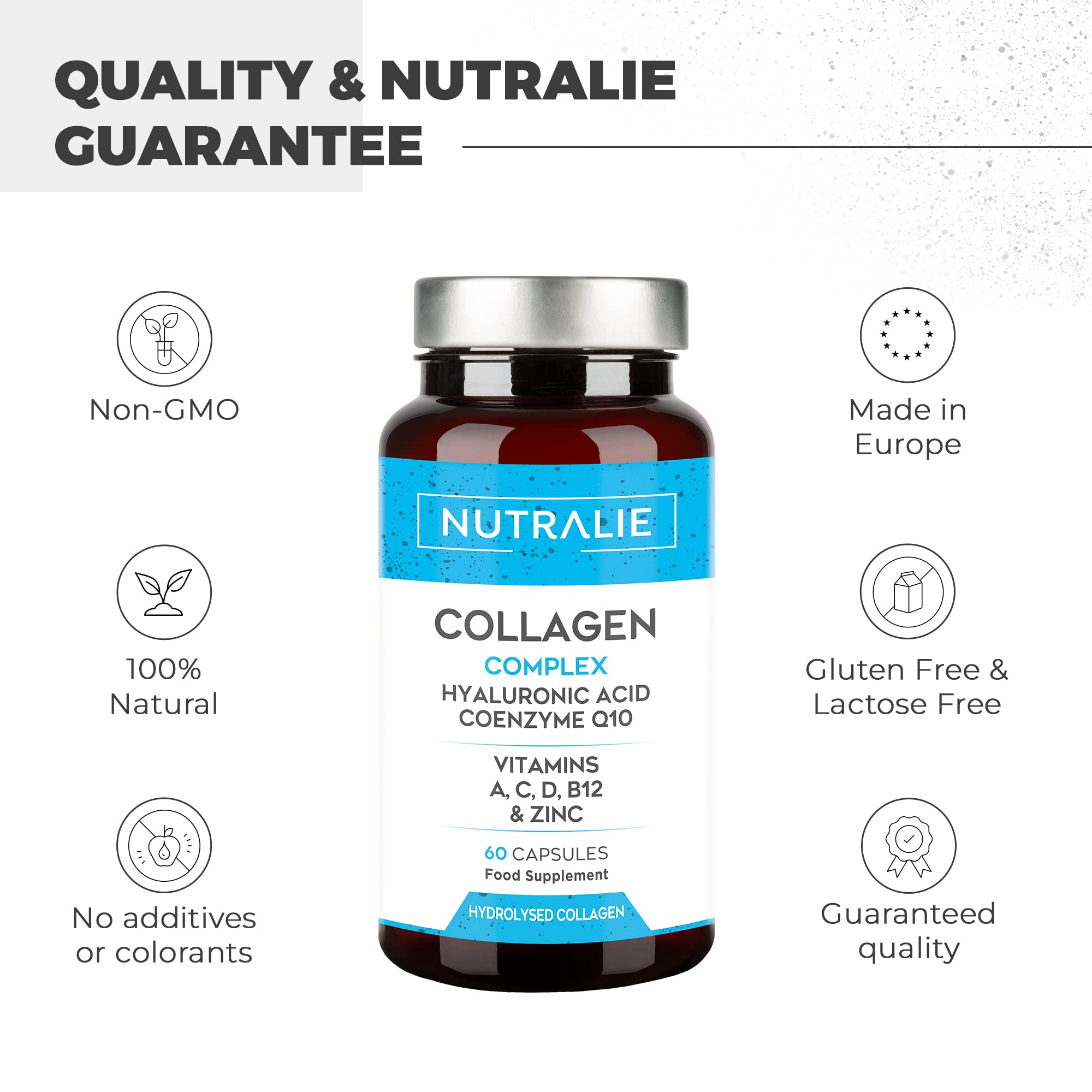 Collagen + Hyaluronic Acid + Q10 Hydrolysed Collagen Women Men + Vitamins A C D B12 Zinc NUTRALIE uk supplements