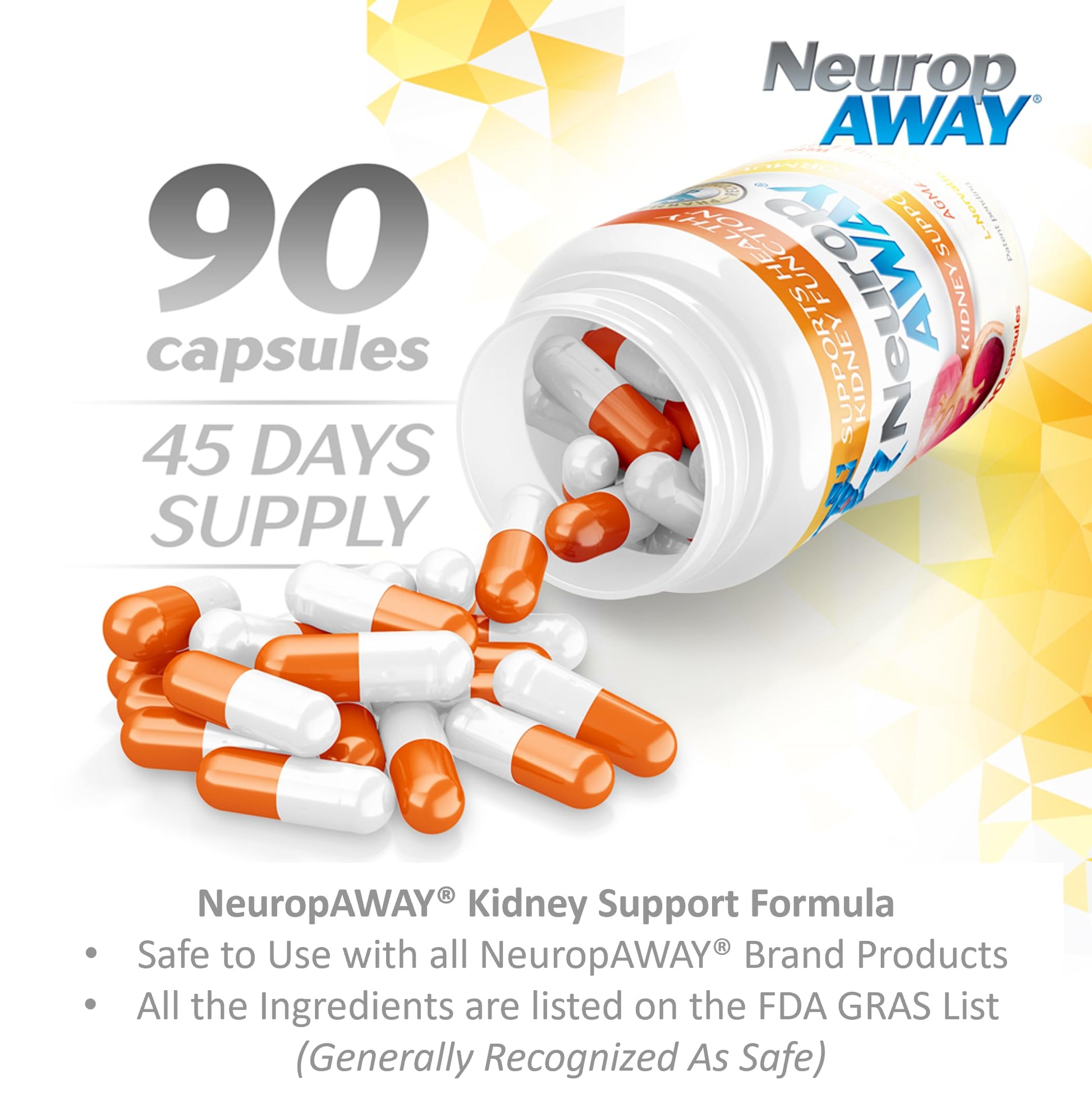 NeuropAWAY Kidney Support Formula Sugar Free with Agmatine Sulfate 500mg L-Novaline 50mg L-Ornithine 150mg L-Citrulline 100mg Per Capsule 90CT Fast Acting Kidney Support NeuropAWAY uk supplements