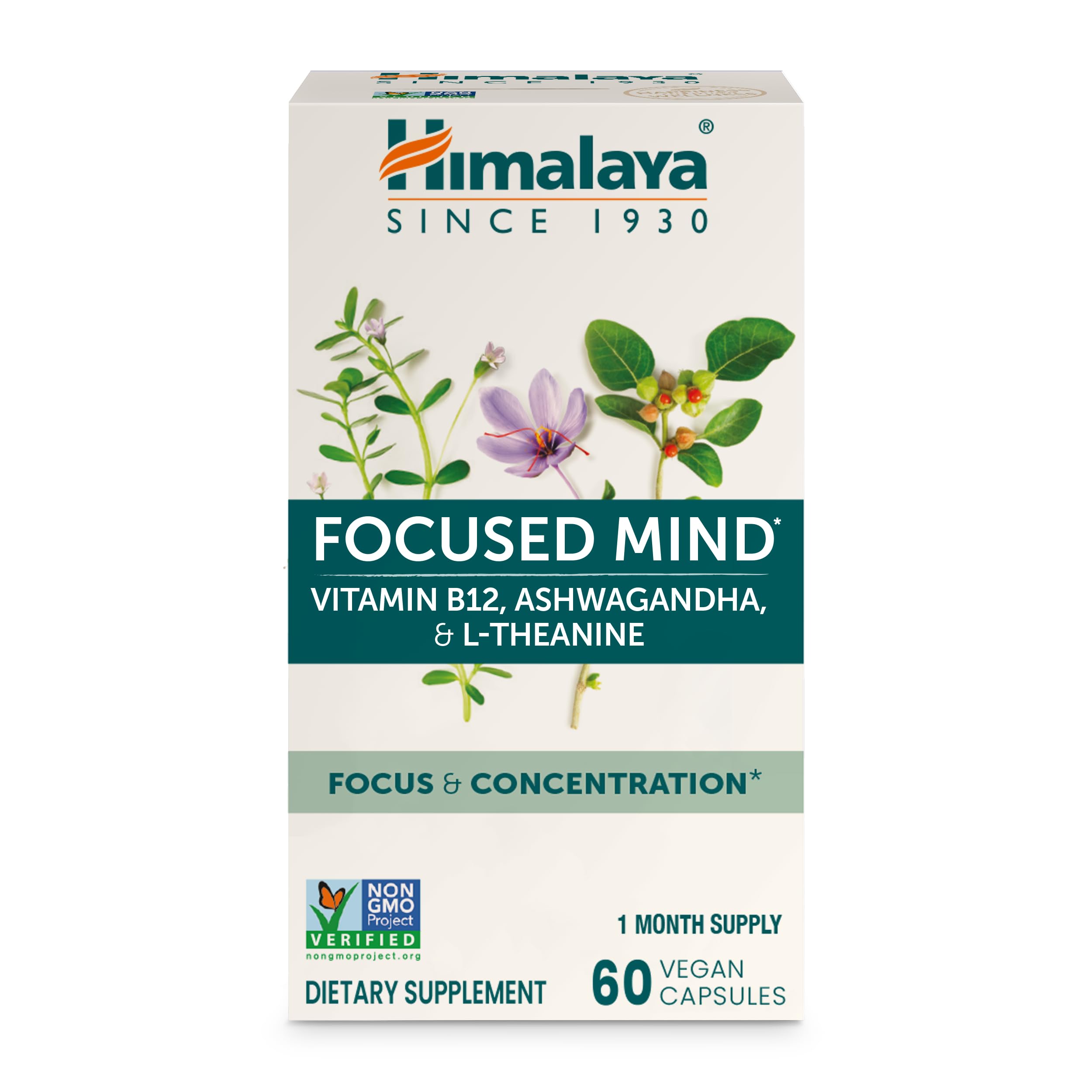 Himalaya Focused Mind Supplement, with Ashwagandha, Bacopa & L-Theanine for Attention, Focus and Energy Support, 60 Vegan Capsules, Gluten Free, 1 Month Supply Himalaya uk supplements