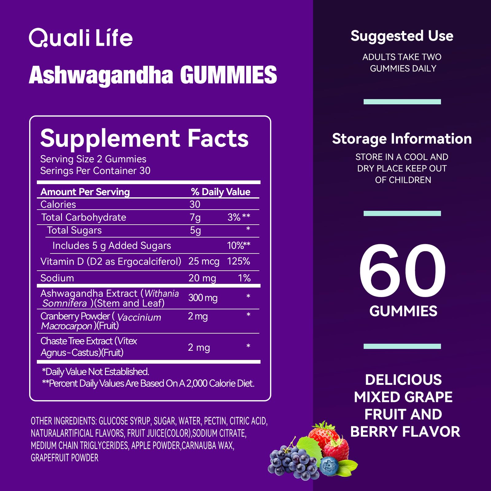 QualiLife Ashwagandha Gummies for Relax & Cortisol Support – High Strength Root Extract with Cranberry & Chaste Tree, Grapefruit & Berry Flavour – Vegan, Non-GMO, Gluten-Free – 60 Gummies (30 Days) QualiLife uk supplements