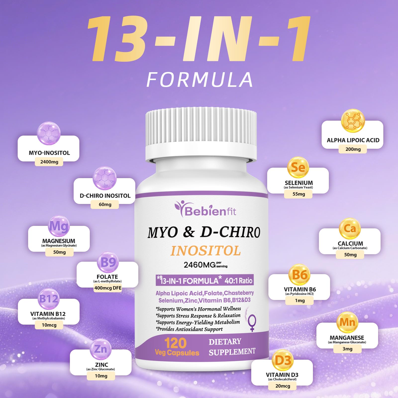 13-in-1 Myo Inositol & D-Chiro Inositol for Women PCOS,Hormonal Balance,2460mg-40:1 Ratio,Ovarian Health&Cycle Support Supplement Plus Alpha Lipoic Acid/Folate/Vitex/Magnesium/Multivitamin,120 Veg Cap Bebien fit uk supplements