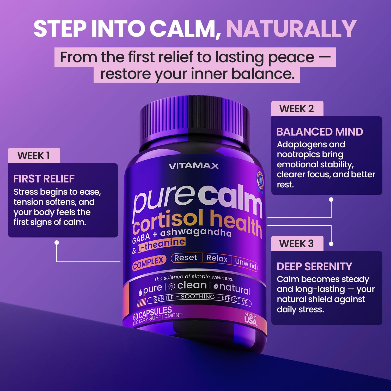 Vitamax Pure Calm Cortisol Supplements for Women - L Theanine, Ashwagandha, GABA for Relaxation, Mood & Stress Support with Ginkgo Biloba, Bacopa Monnieri, 5-HTP – Non-GMO, Made in USA – 60ct Vitamax uk supplements