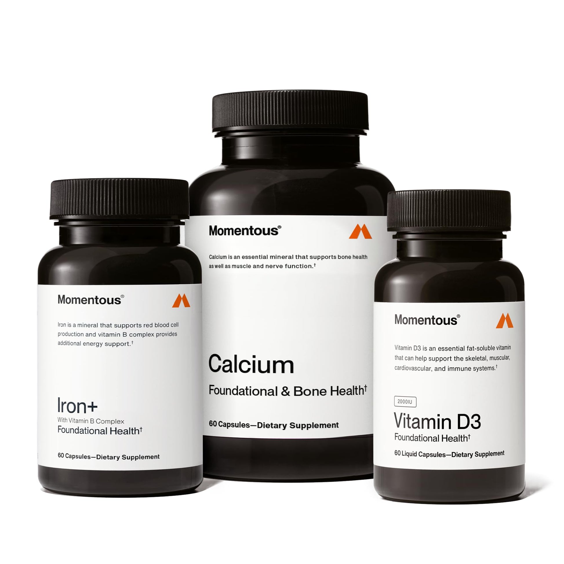 Momentous The Women's Three Bundle - Iron+, Calcium, & Vitamin D3 (2,000 IU) - 3 Critical Nutrients for All Women in 1 Daily Supplement System - NSF Certified for Sport - Gluten-Free - 60 Servings Momentous uk supplements