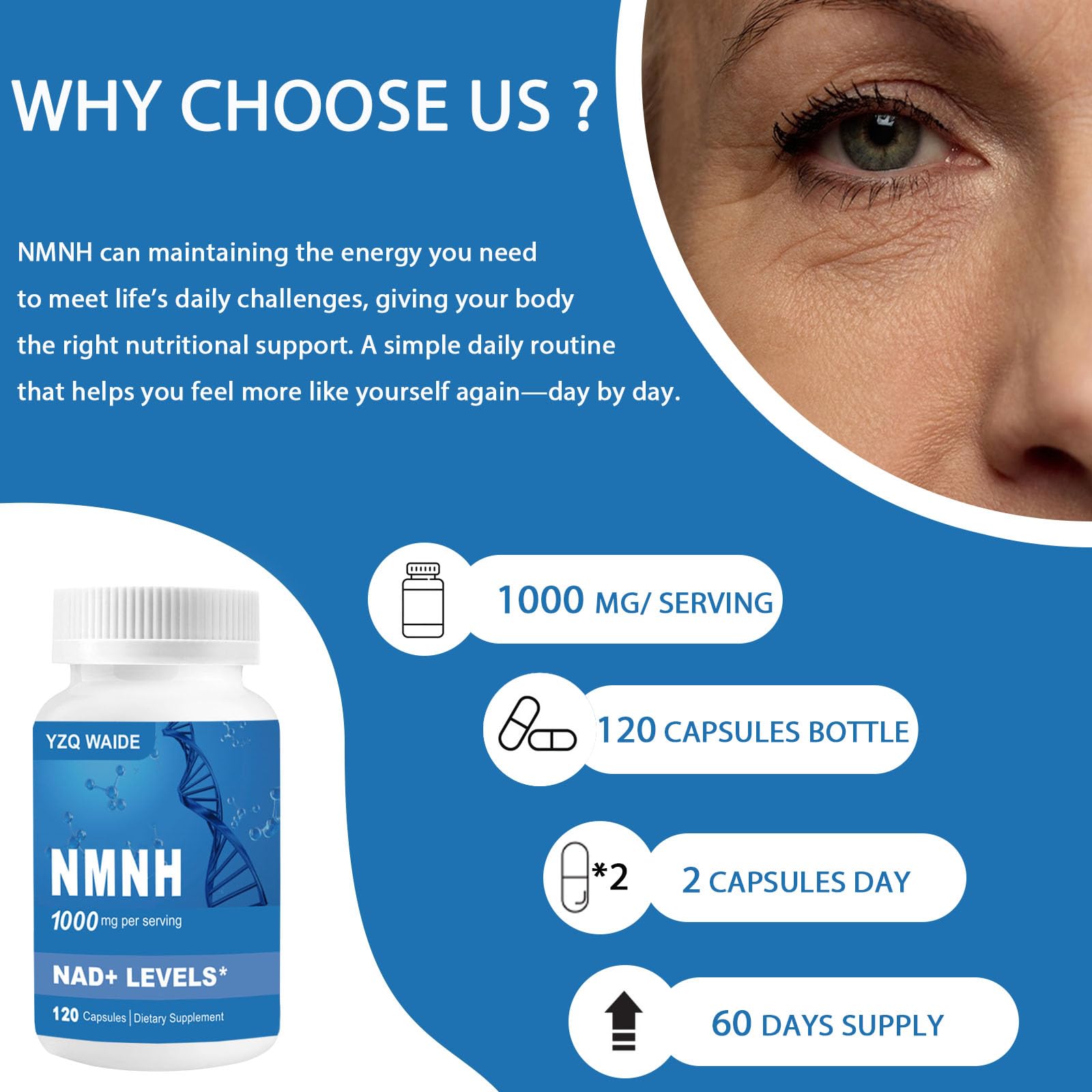 YZQ WAIDE NMNH (Dihydronicotinamide Mononucleotide), 1000mg NMNH Supplement to Boost NAD+ Levels Resveratrol Supplement with Quercetin for Energy, Aging, Non-GMO, Gluten Free, 120 Capsules YZQ WAIDE uk supplements