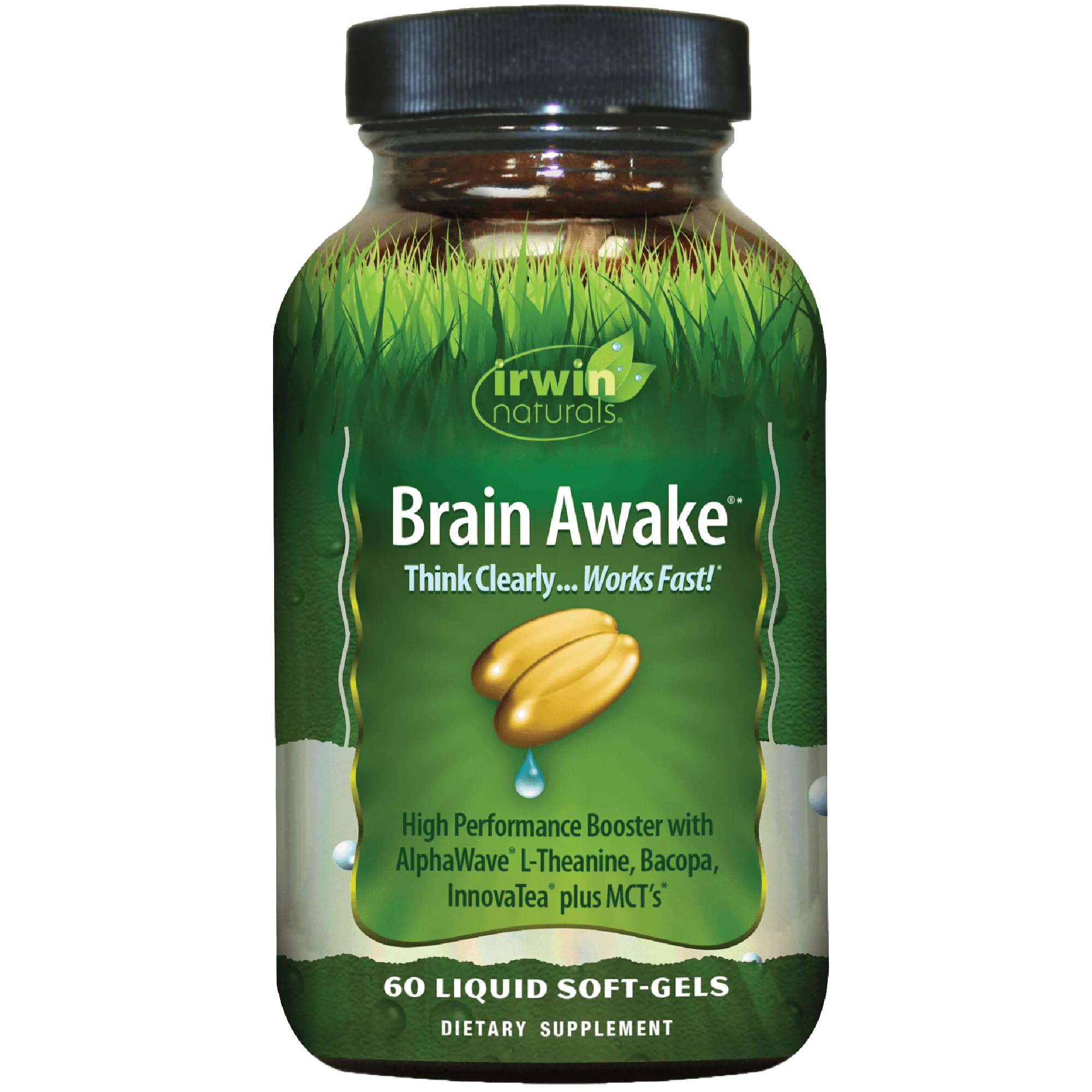 Irwin Naturals Brain Awake Enhanced Mental Performance, Increased Focus, Boost Clarity & Concentration - Powerful Nootropic Booster with L-Theanine, Bacopa, MCT's & InnovaTea - 60 Liquid Softgels Irwin Naturals uk supplements