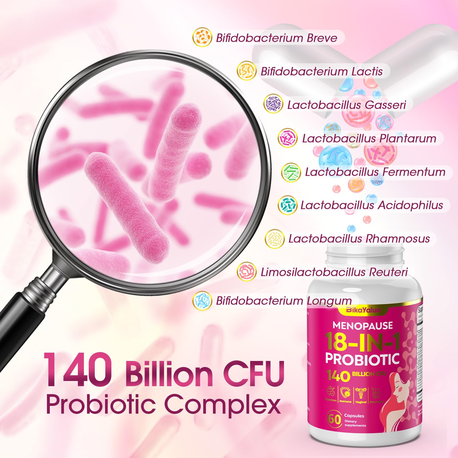 Menopause Supplements for Women, 140 Billion CFU Probiotics, 18-in-1 Menopause Relief with Magnesium, Black Cohosh, Inositol, Hormone Harmony for Women, Night Sweats, Mood Swings, Immunity - 60 Caps BIKAYALUE uk supplements