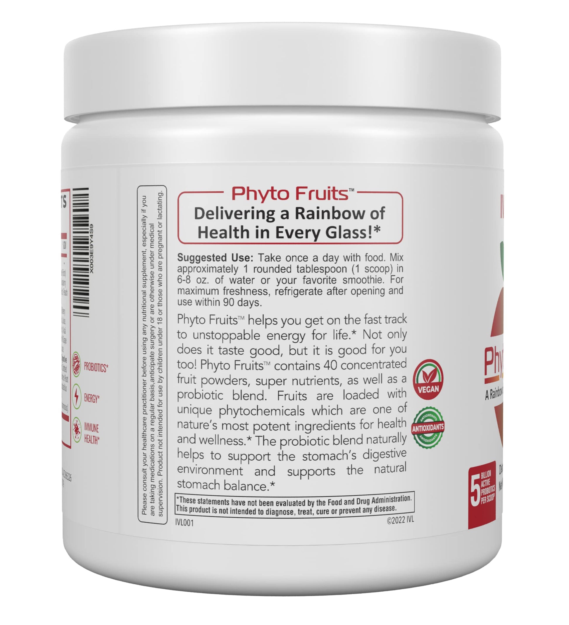IVL - Phyto Fruits Superfood Powder - Support Energy - Digestive & Probiotic - Antioxidant - Vegan - 40 Fruits and Nutrients Plus 6 Probiotic Strains (30 Servings, 8.88 oz) IVL uk supplements
