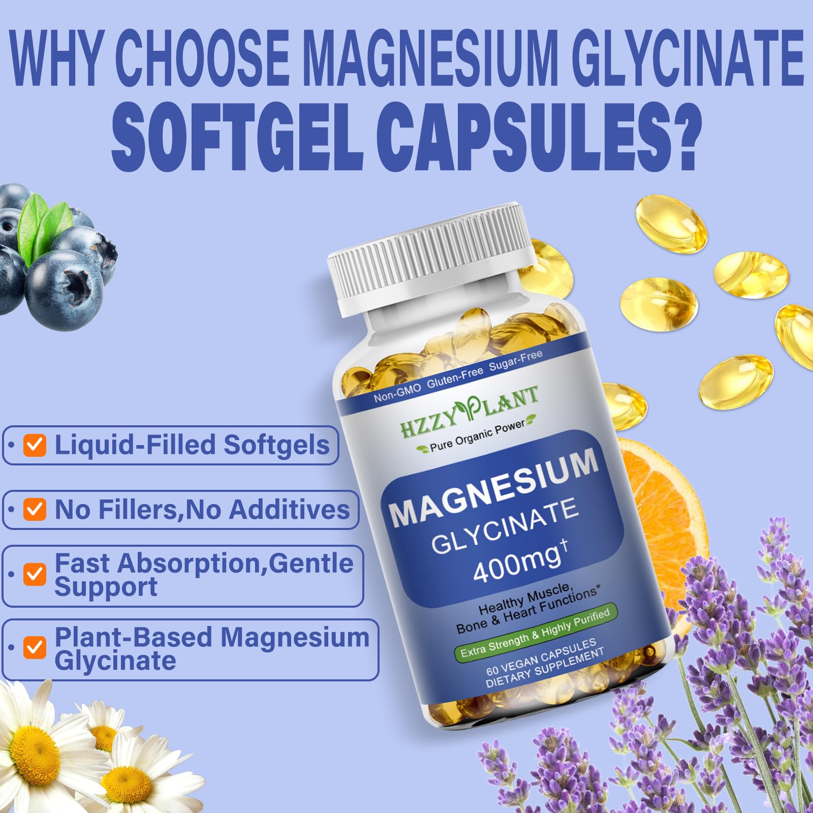 Magnesium Glycinate Softgels, High Absorption Magnesium Glycinate 400mg Supplement for Muscle, Heart, Sleep & Bone Support, Bisglycinate Softgel Capsules Supplement, Vegan, Non-GMO, 2 Month Supply HZZYPLANT uk supplements