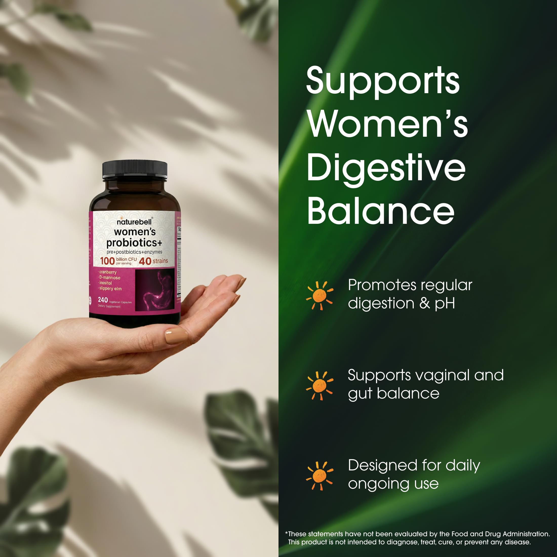 NatureBell Women's Probiotics+ - 240 Vegetarian Capsules - Prebiotic, Probiotic, Postbiotic & Digestive Enzymes - Made with Cranberry, D-Mannose, Inositol & More NatureBell uk supplements