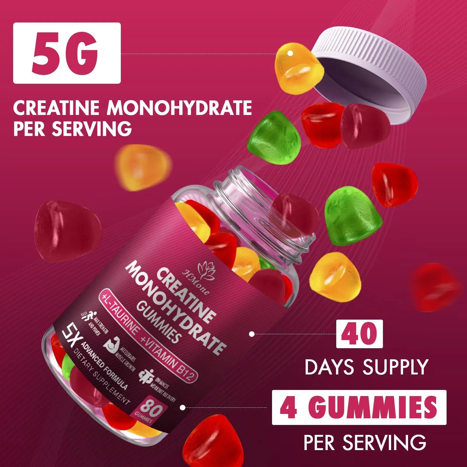 HMone Creatine Monohydrate Gummies - 5g for Men & Women, 160 Count and Creatine Chewable Supplements for Muscle Gain, Muscle Strength, Energy Boost HMone uk supplements