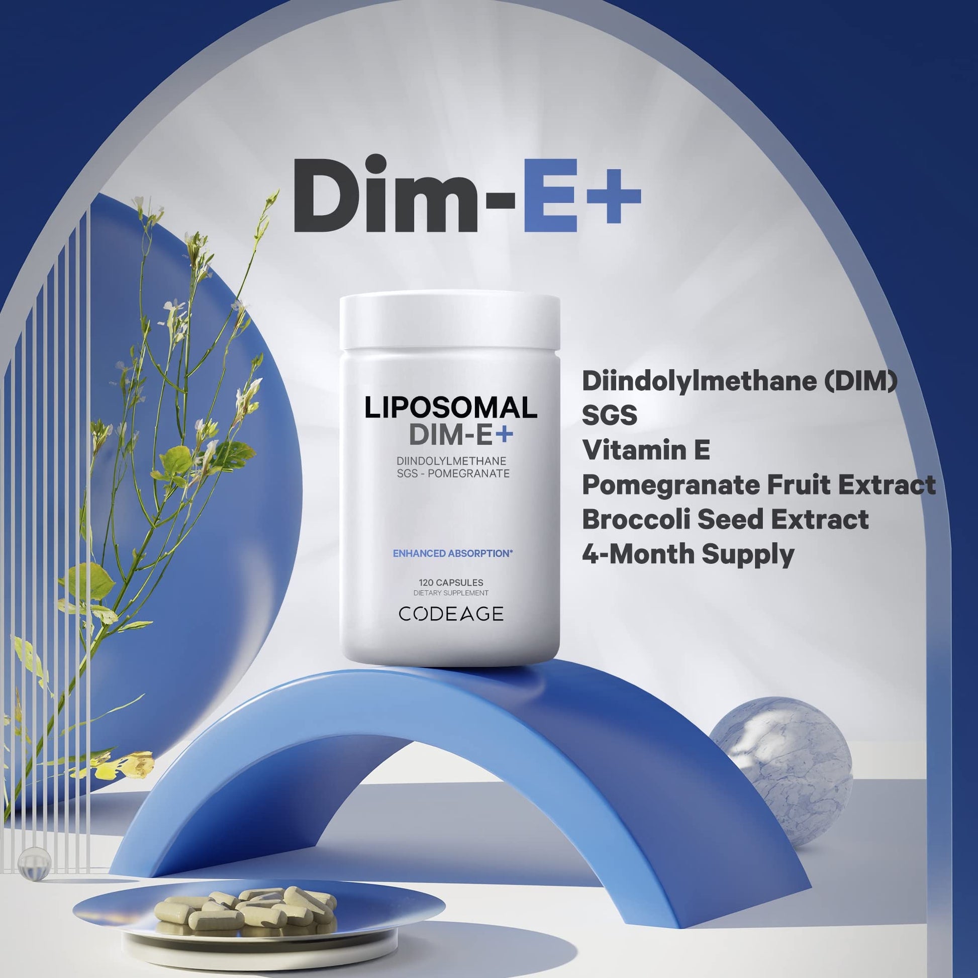 Codeage Liposomal DIM Supplement - 4 Months Supply of DIM Vitamins and SGS, Pomegranate, Broccoli, Vitamin E Isomers Tocopherols Alpha Beta Gamma Delta - Liposomal Formula - Gluten-Free - 120 Capsules Codeage uk supplements