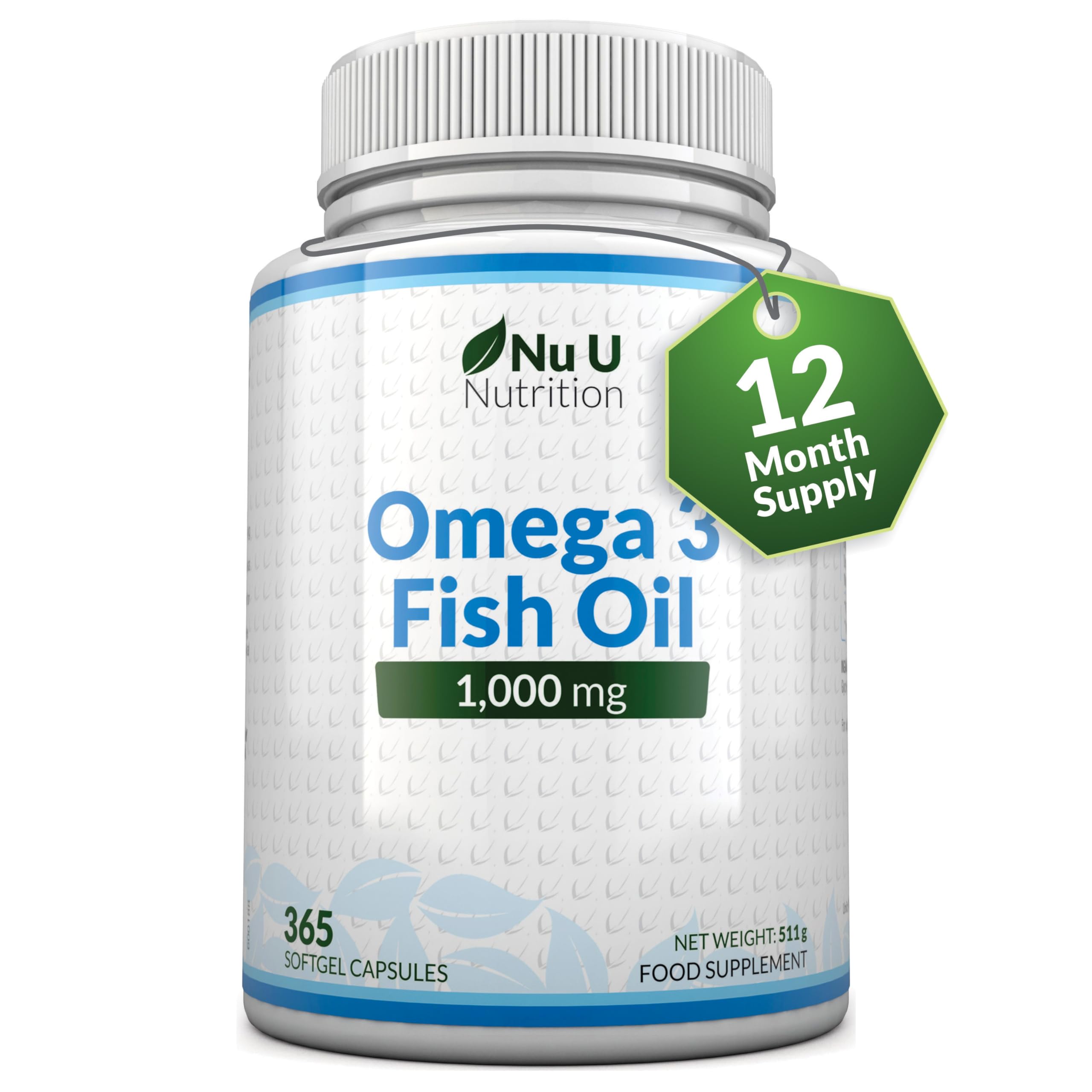 Omega 3 Fish Oil 1000mg - 365 Softgel Capsules - Up to 12 Month’s Supply - Pure Fish Oil Nu U Nutrition uk supplements