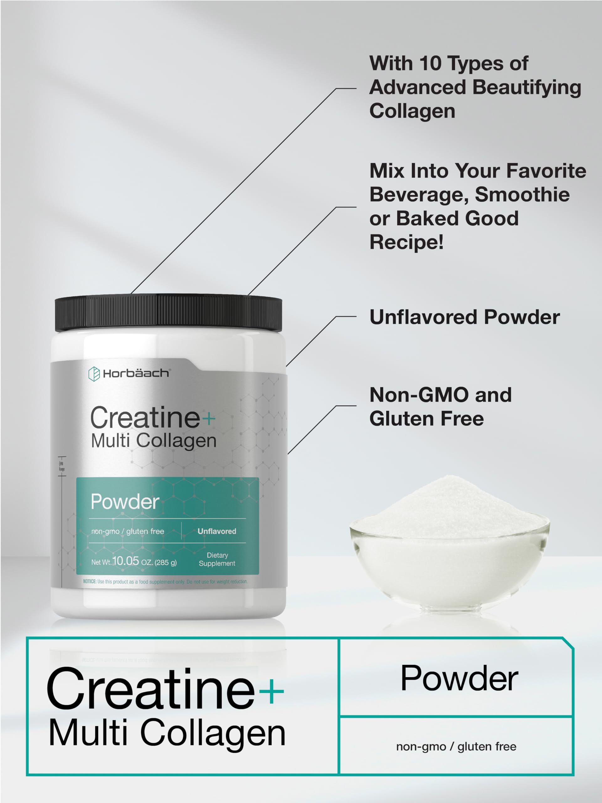 Horbäach Creatine Monohydrate Powder | with Collagen and L-Taurine | 10.05 oz | Unflavored | for Women and Men | Non-GMO, Gluten Free Horbäach uk supplements