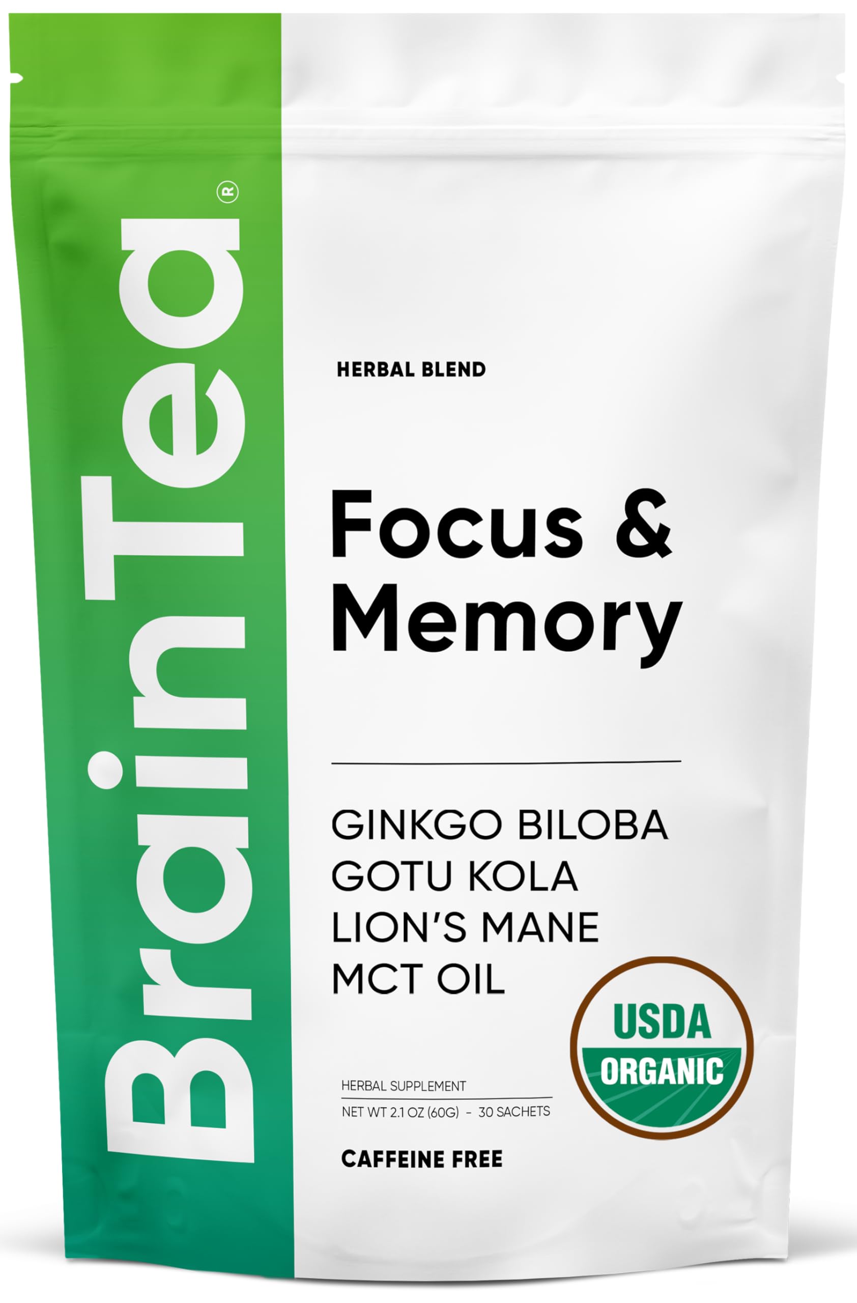 Brain Tea Focus & Memory - Brain Tea Organic Certified 4-in-1 Nootropic Herbal Supplement with Ginkgo Biloba, Gotu Kola, Lion’s Mane Mushroom, MCT Caffeine-Free for Mental Clarity (30 Sachets) Brain Tea uk supplements