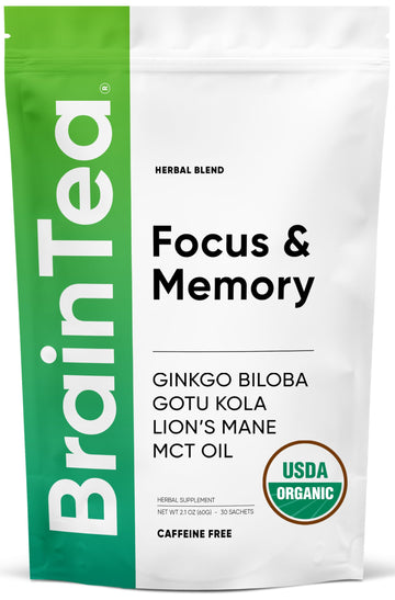 Brain Tea Focus & Memory - Brain Tea Organic Certified 4-in-1 Nootropic Herbal Supplement with Ginkgo Biloba, Gotu Kola, Lion’s Mane Mushroom, MCT Caffeine-Free for Mental Clarity (30 Sachets) Brain Tea uk supplements