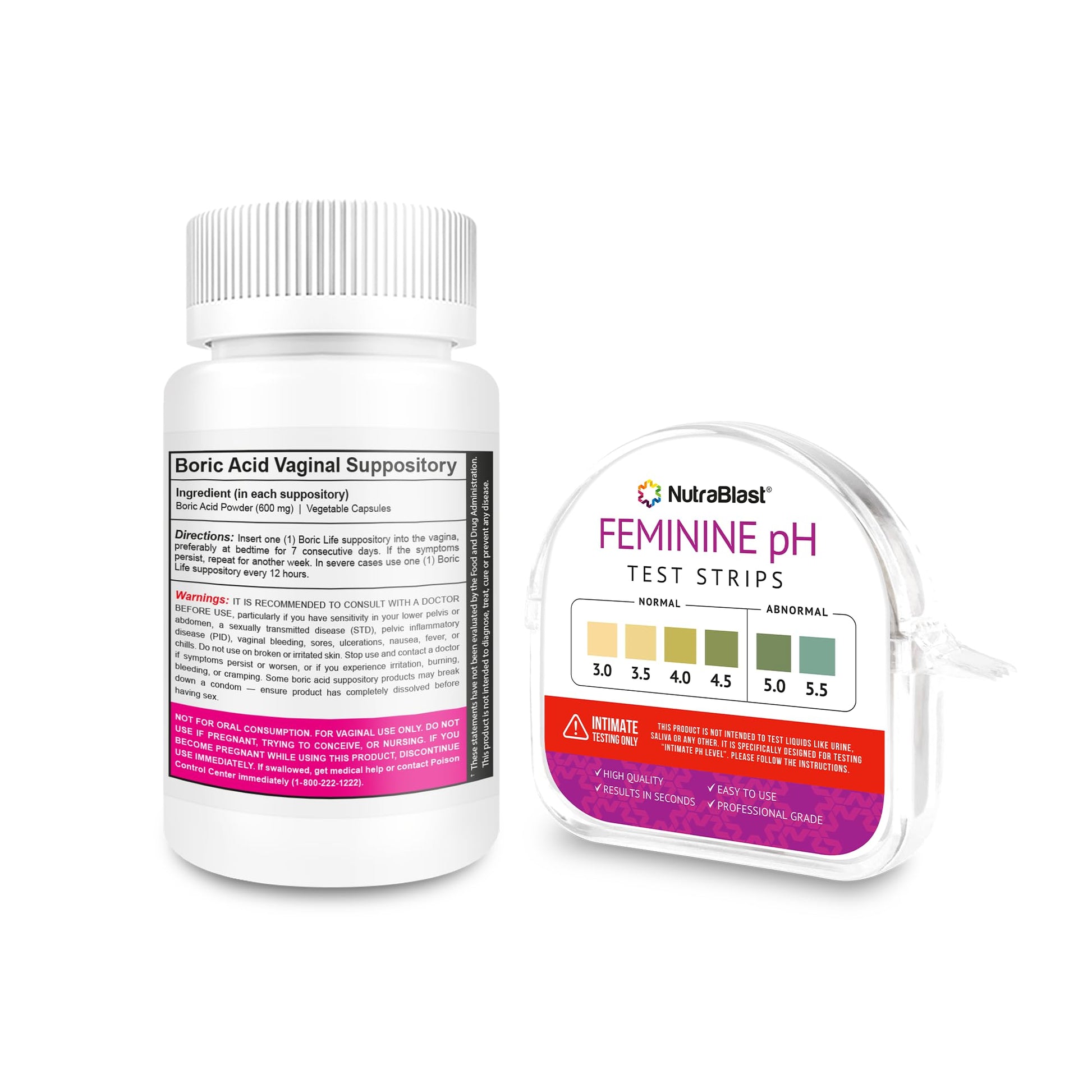 NutraBlast Boric Acid Suppositories 600mg (30 Count) Bundle with Feminine pH Test Strips 3.0-5.5 (100 Tests Roll) | Monitor Intimate Health | Accurate Women’s Acidity & Alkalinity NutraBlast uk supplements