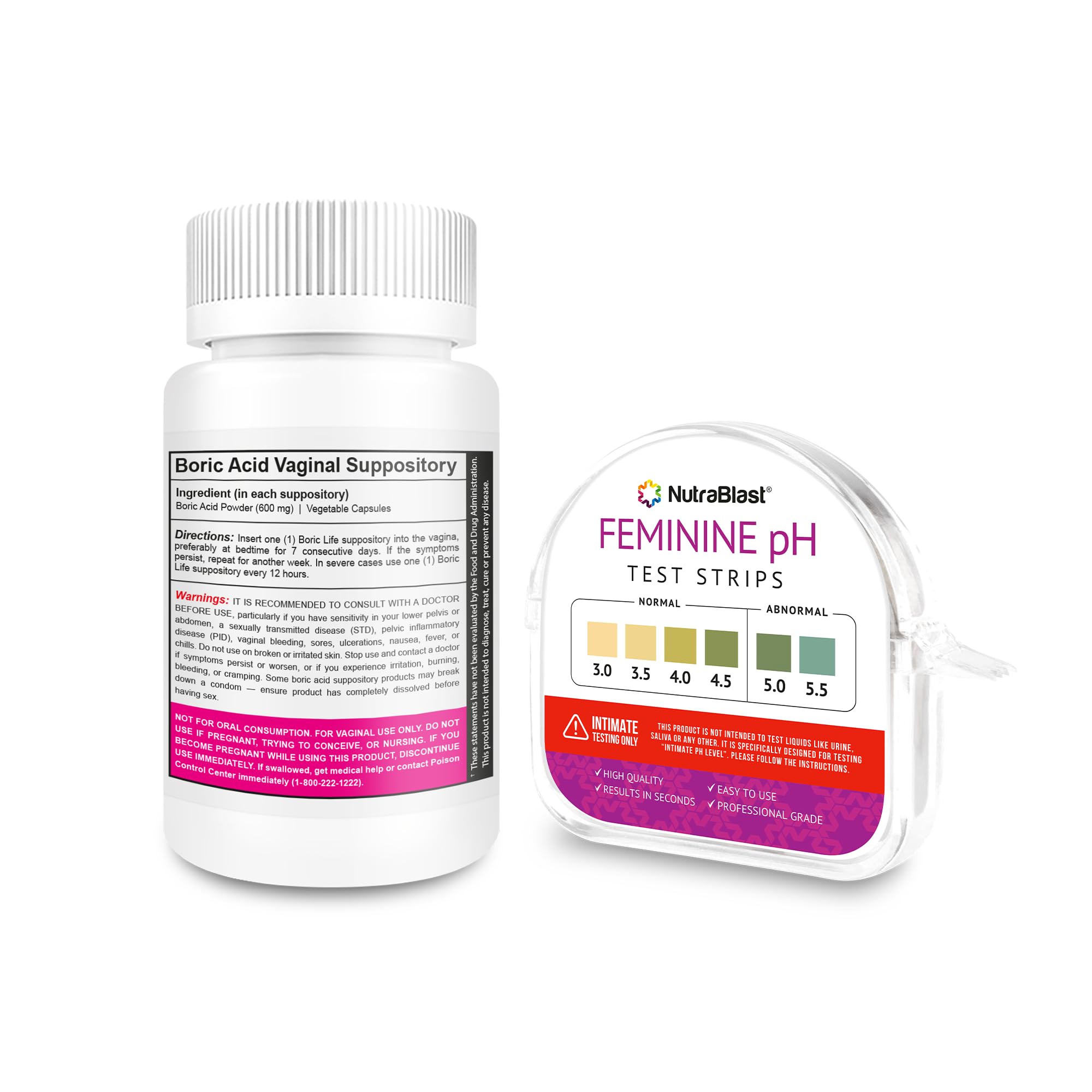NutraBlast Boric Acid Suppositories 600mg (30 Count) Bundle with Feminine pH Test Strips 3.0-5.5 (100 Tests Roll) | Monitor Intimate Health | Accurate Women’s Acidity & Alkalinity NutraBlast uk supplements