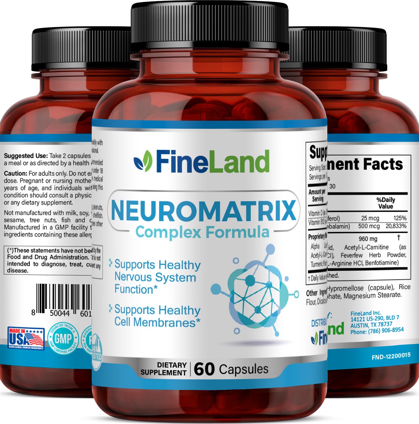 FineLand NEUROMATRIX Complex Formula, Advanced Cognitive and Nerve Support Supplement, High Potency Vitamin B12, Alpha Lipoic Acid and Acetyl-L-Carnitine, 60 Capsules FineLand uk supplements