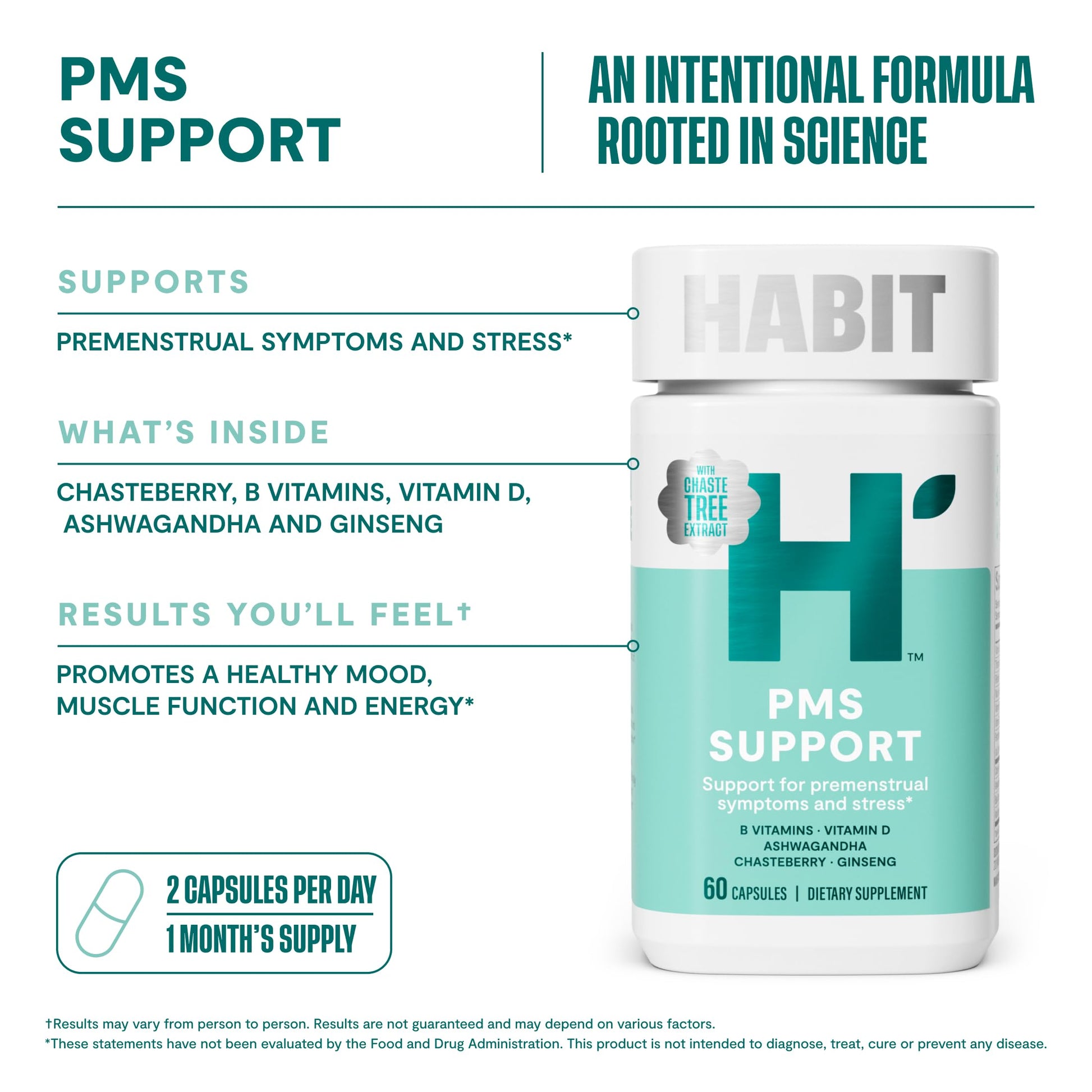 Habit PMS Support Supplement for Women (60 Capsules) - Supports Premenstrual Symptoms & Stress, Hormone Balance, Mood, B Vitamins, Vitamin D, Chasteberry, Ashwagandha, Gluten-Free, Non-GMO (1 Pack) H' Habit uk supplements