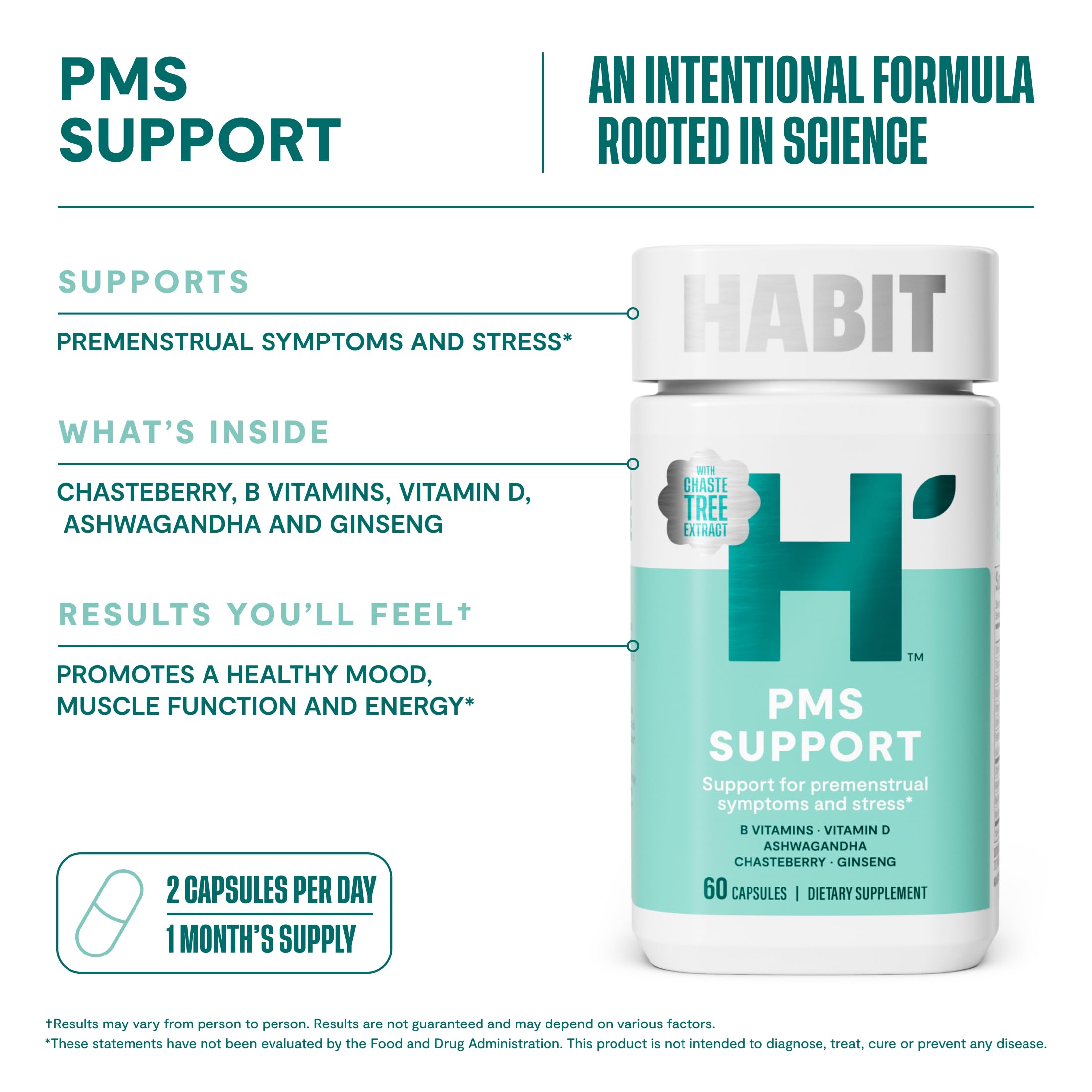 Habit PMS Support Supplement for Women (60 Capsules) - Supports Premenstrual Symptoms & Stress, Hormone Balance, Mood, B Vitamins, Vitamin D, Chasteberry, Ashwagandha, Gluten-Free, Non-GMO (1 Pack) H' Habit uk supplements