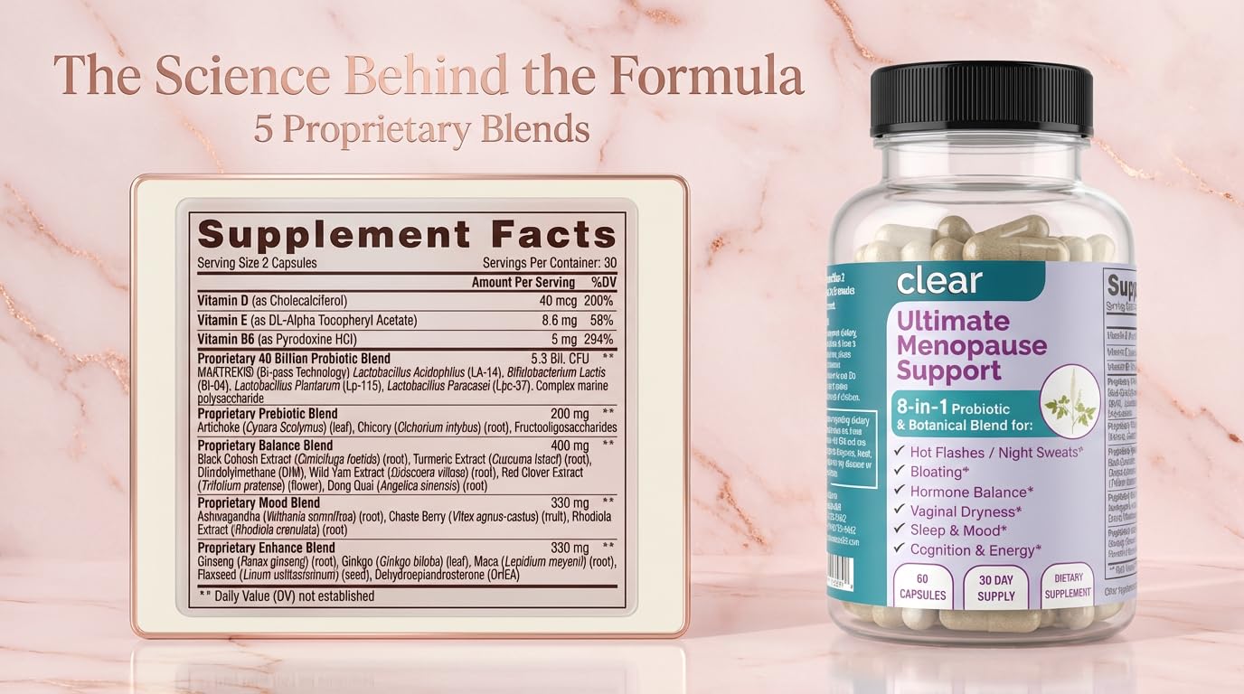 Clear Menopause Support for Women | 25-in-1 Formula with Black Cohosh, Dong Quai, Pre & Probiotics | Hot Flashes, Night Sweats, Mood, Sleep & Digestion | Hormone-Free | Made in USA | 60 Capsules Clear Probiotics uk supplements