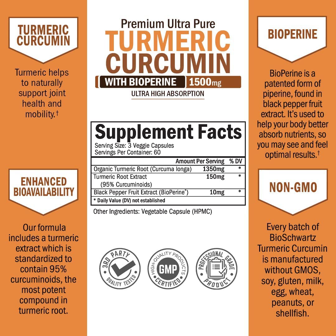 Turmeric Curcumin with Black Pepper Extract 1500mg - High Absorption