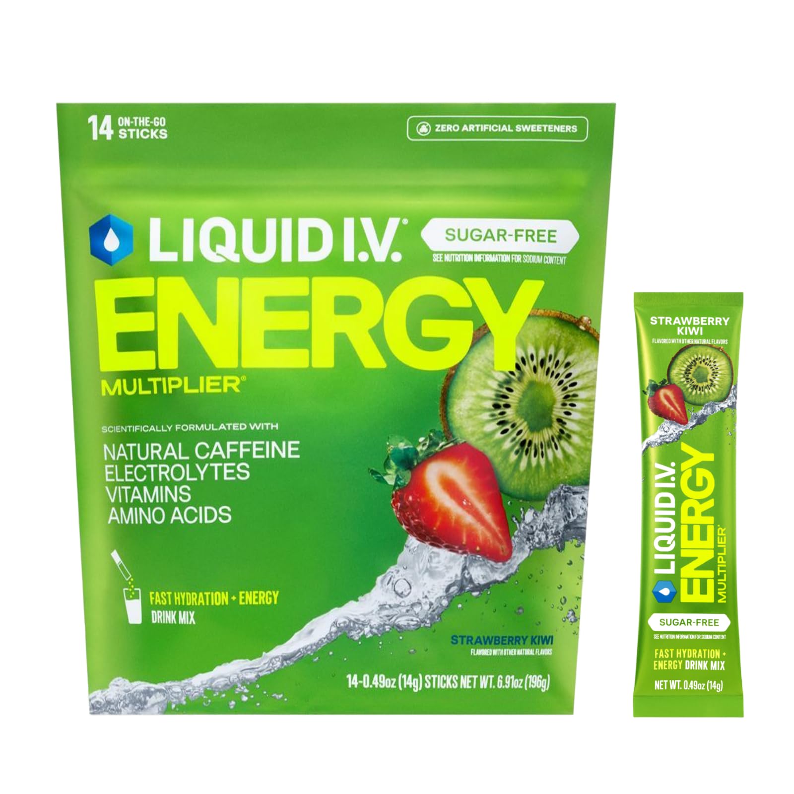 Liquid I.V.® Hydration Multiplier Sugar Free + Energy - Strawberry Kiwi | Electrolyte Powder Drink Mix | 1 Pack (14 Servings) Liquid I.V. uk supplements