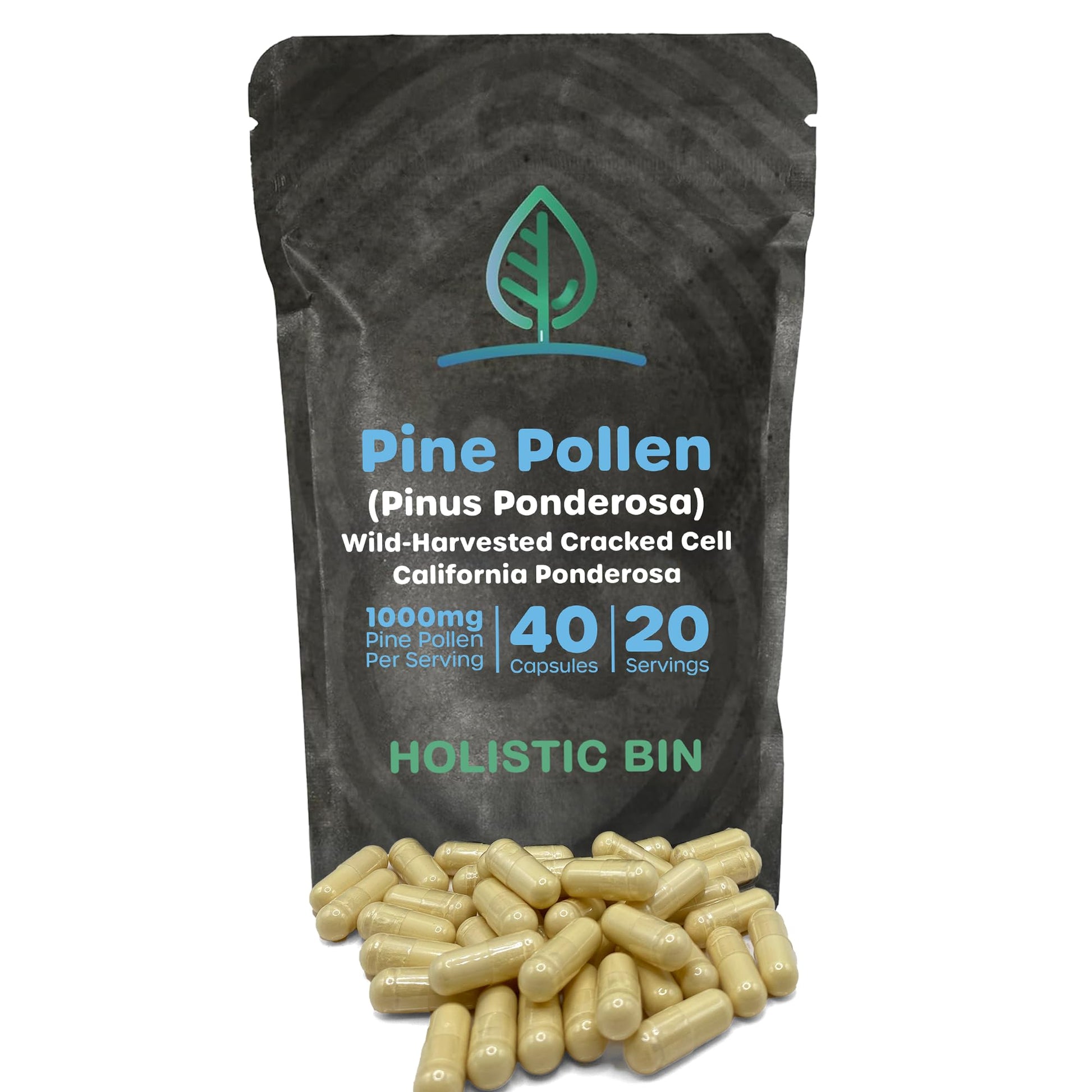 Holistic Bin Pine Pollen Capsules 500mg (Pinus Ponderosa) - Wild Harvested California Ponderosa Pine Pollen Powder - Olympic Grade - Organic, Non-GMO, No Fillers - 30 Day Supply (40 Capsules) Holistic Bin uk supplements