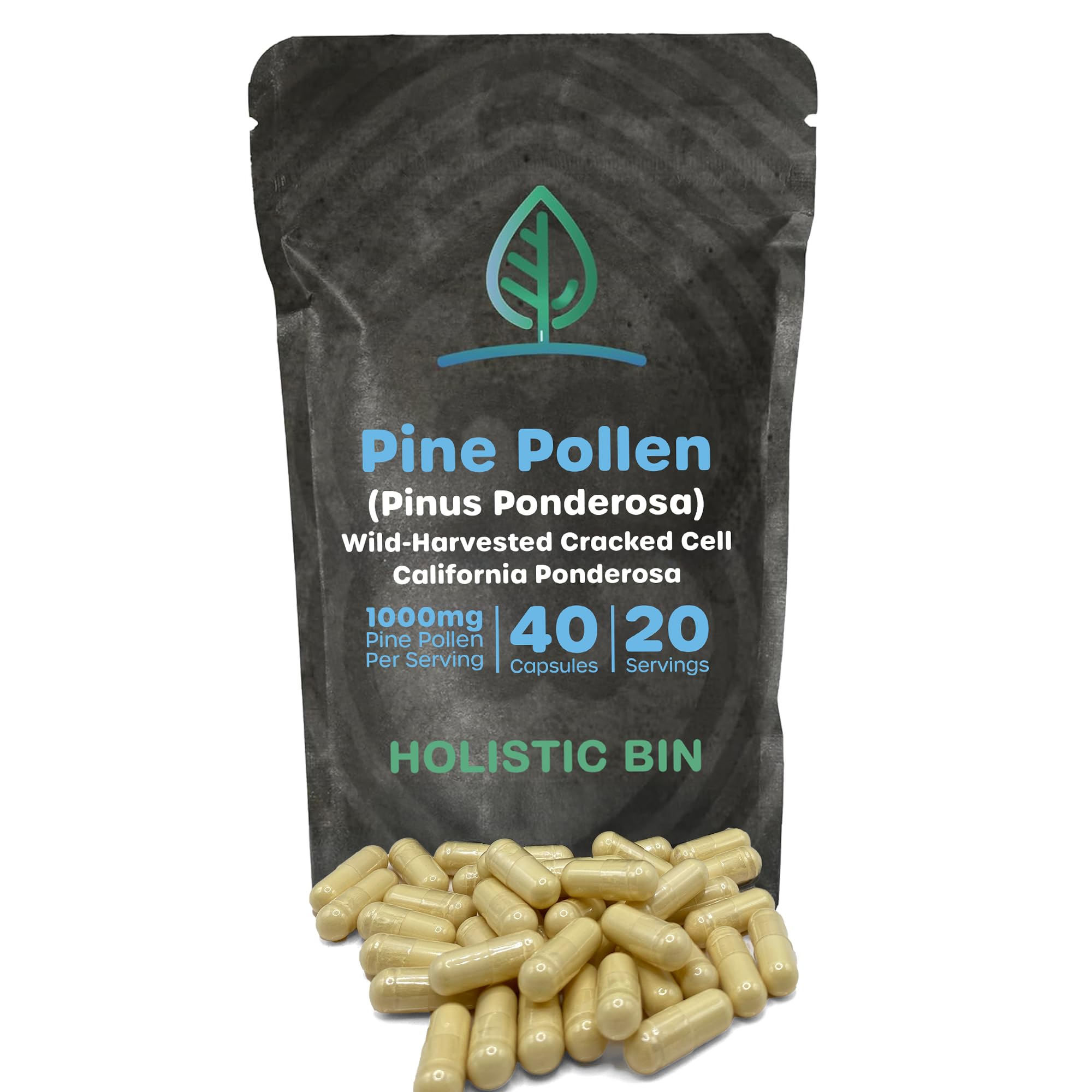Holistic Bin Pine Pollen Capsules 500mg (Pinus Ponderosa) - Wild Harvested California Ponderosa Pine Pollen Powder - Olympic Grade - Organic, Non-GMO, No Fillers - 30 Day Supply (40 Capsules) Holistic Bin uk supplements
