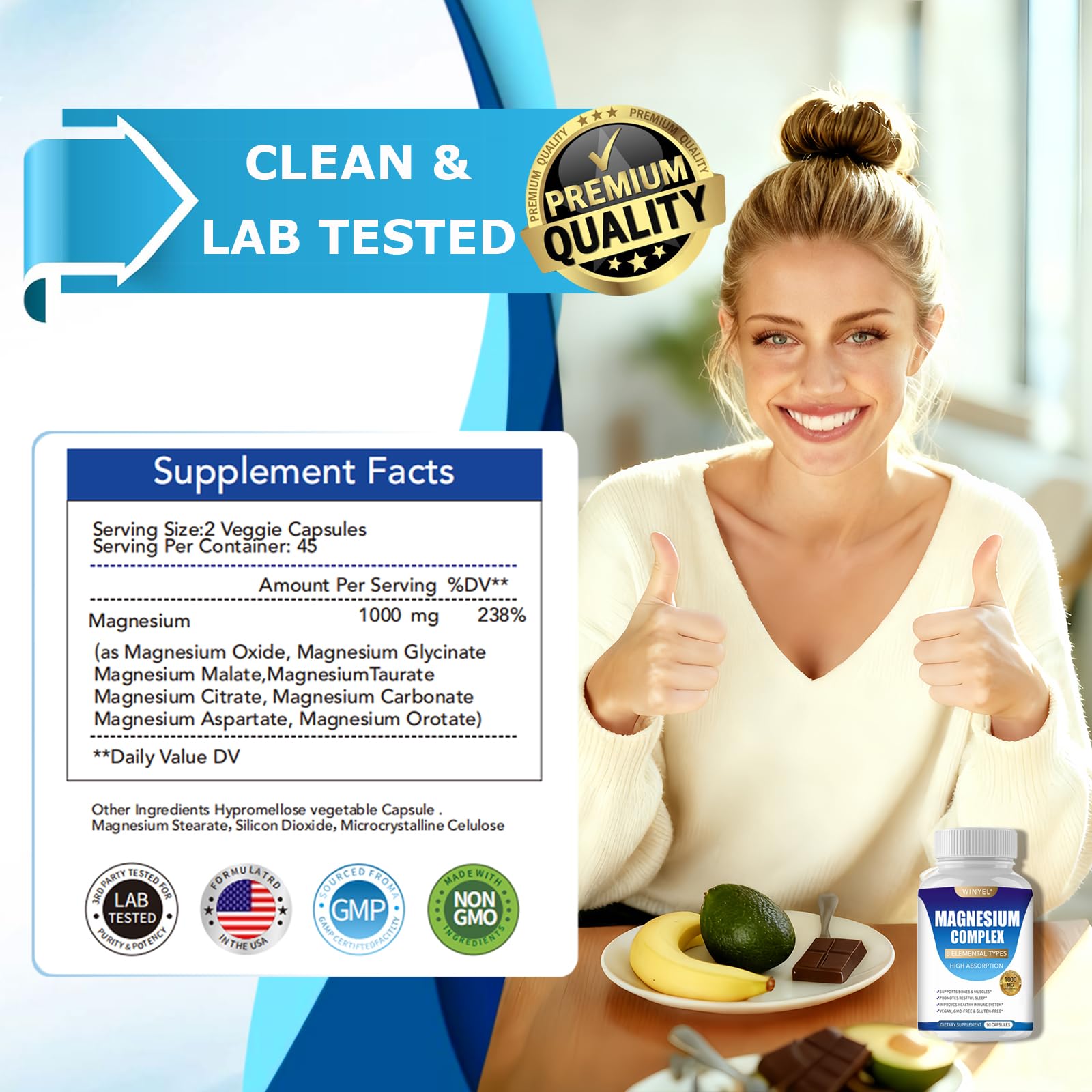 Magnesium Complex Supplement 8 Elemental 1000mg | Magnesium Supplement with Glycinate, Malate, Citrate | Sleep, Relaxation, Bone & Muscle | Vegan 90 Capsules WINYEL uk supplements