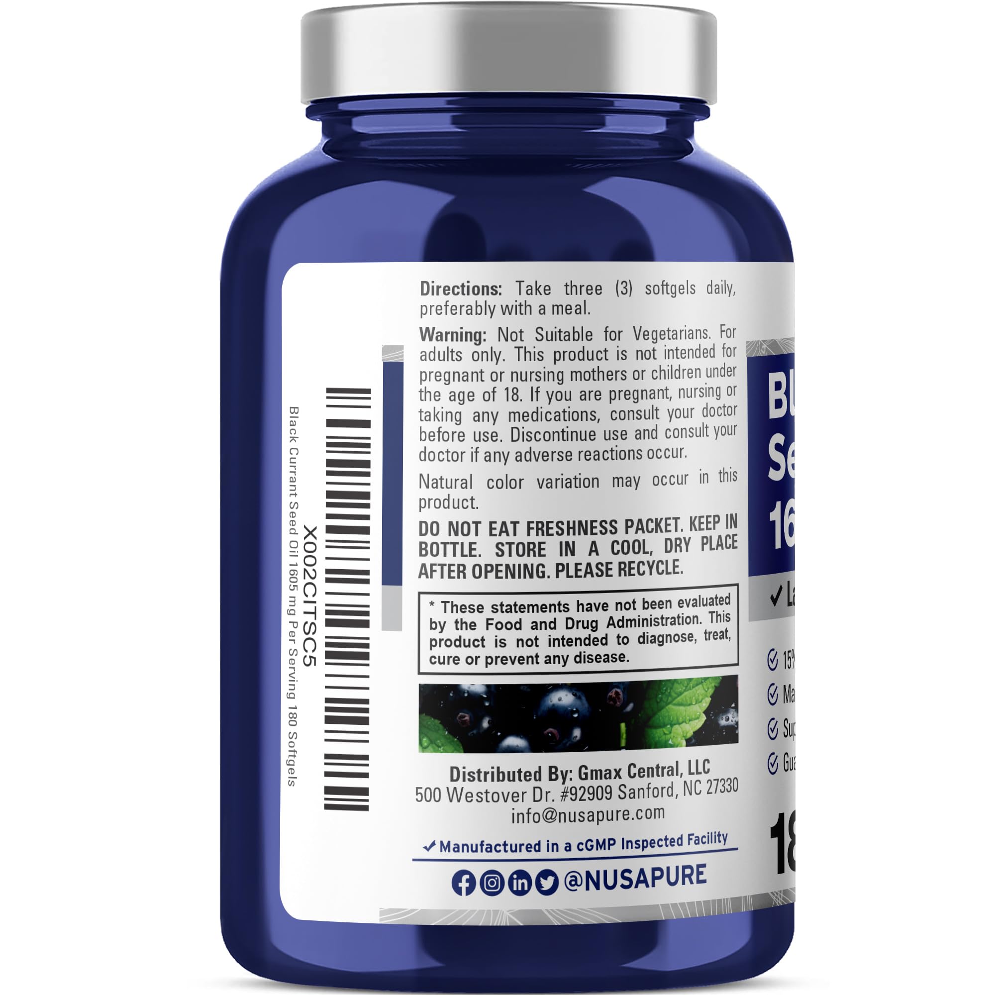 NusaPure Black Currant Seed Oil 1605 mg Gamma Linoleic Acid (GLA) 15% 180 Softgels (Non-GMO, Soyfree) NusaPure uk supplements