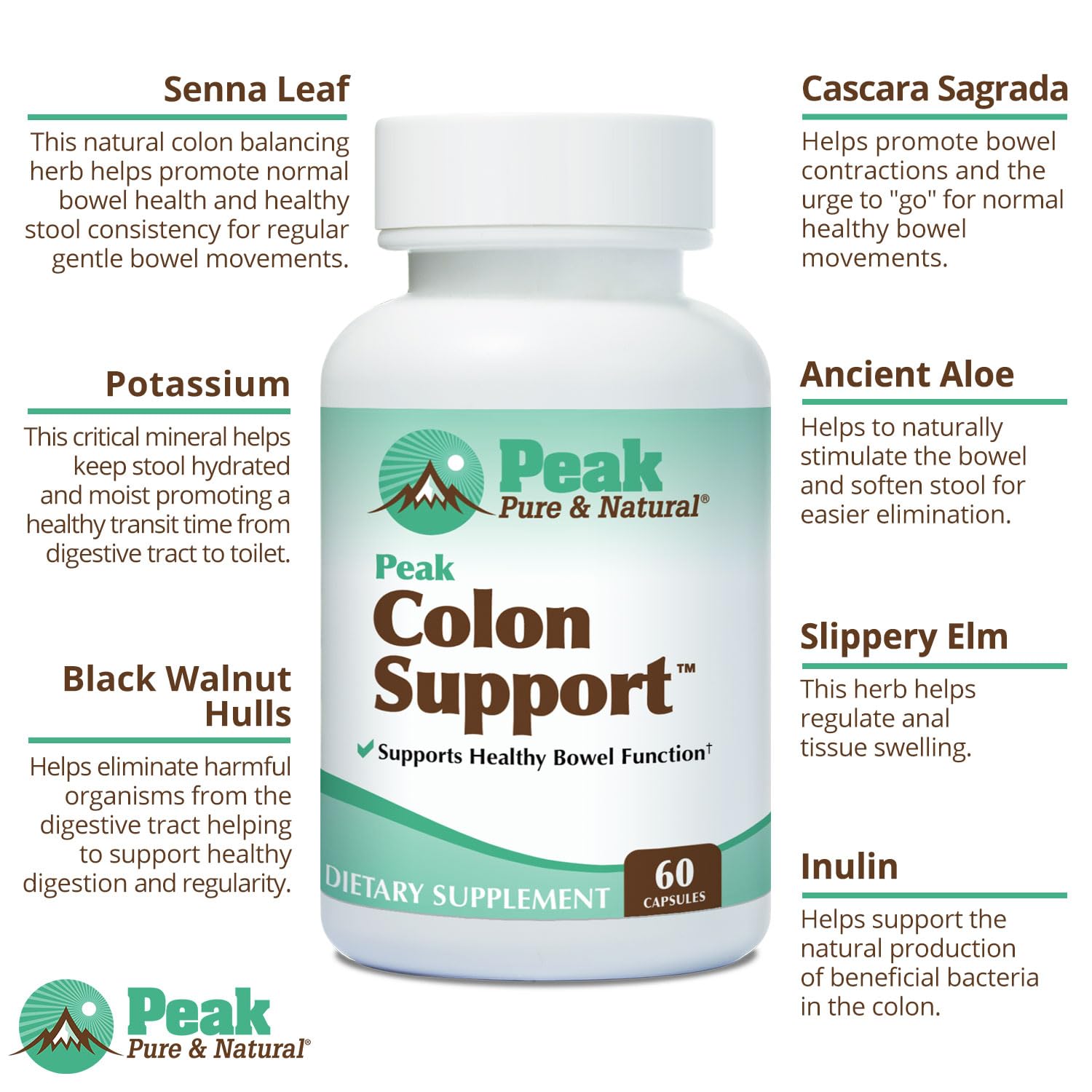 Peak Pure & Natural Colon Support - Colon Cleanse and Detox Supplement for Digestive Health - Gut Health Support with Inulin and Senna Leaf Extracts - with Fiber, Prebiotics, and Probiotics - 1 Pack Peak Pure & Natural uk supplements