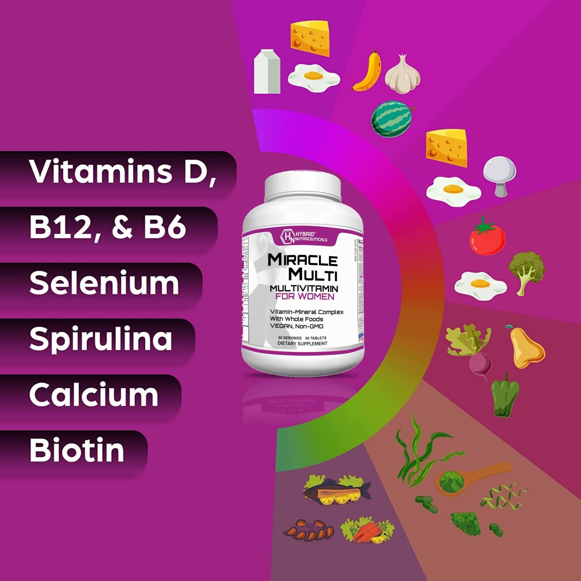 Hybrid Nutraceuticals MiracleMulti Women Multivitamin with Probiotics, Biotin, Folic Acid, Enzymes + Fruit & Vegetable Blend - Immune Support, Heart Health, Energy: 60 Servings (Non-GMO) Hybrid Nutraceuticals uk supplements